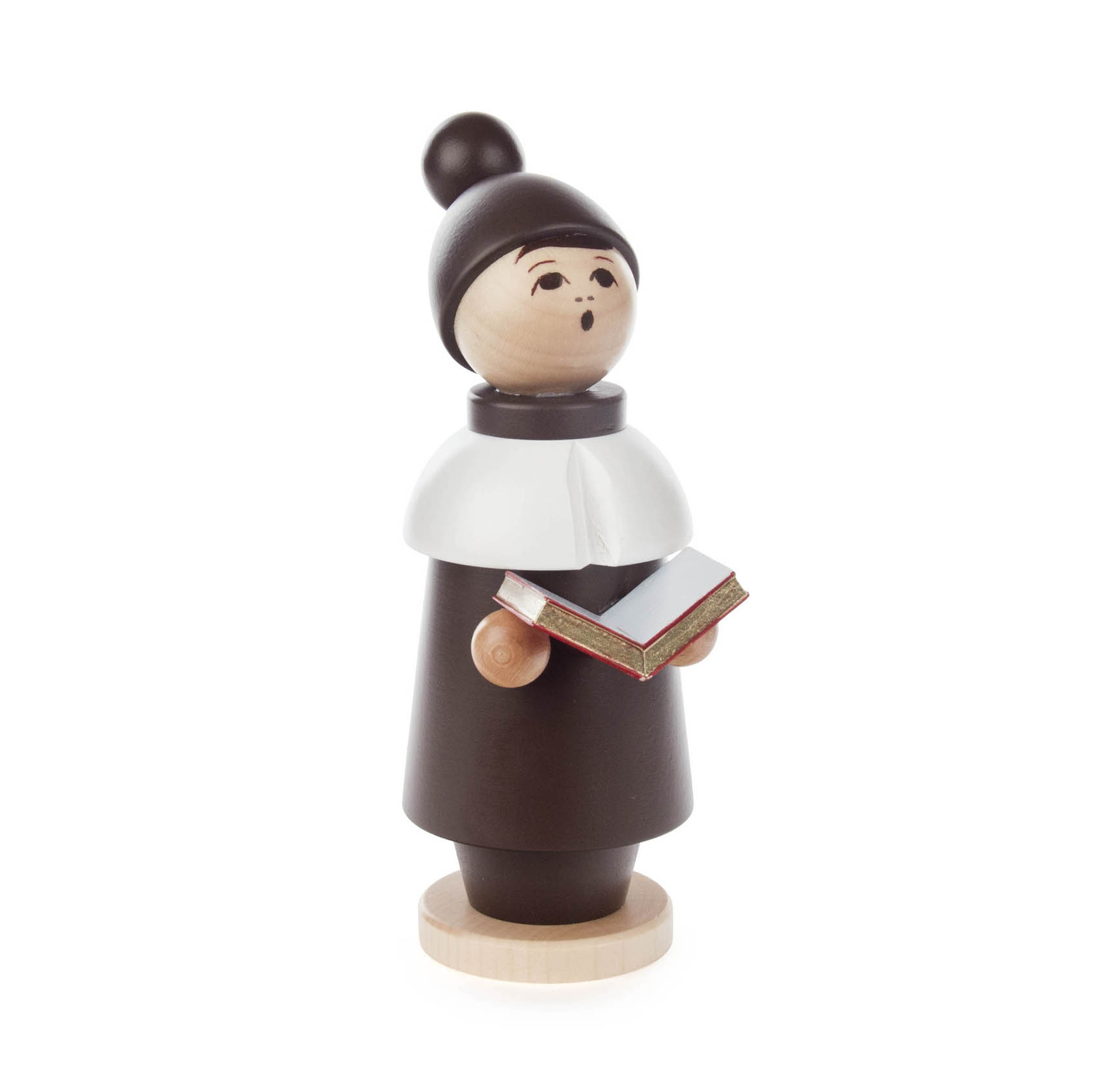 Holzfigur eines Kurrendesängers in braunem Mantel und schwarzem Hut, mit einem geöffneten Buch in den Händen. Der Kopf der Figur ist holzfarben. im Dregeno Online Shop günstig kaufen
