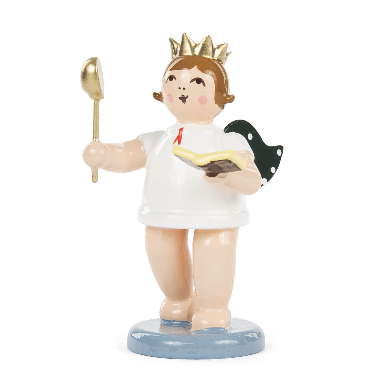 Ein Engel mit goldener Krone und grünen Flügeln hält einen Löffel in einer Hand und ein Kochbuch in der anderen. im Dregeno Online Shop günstig kaufen