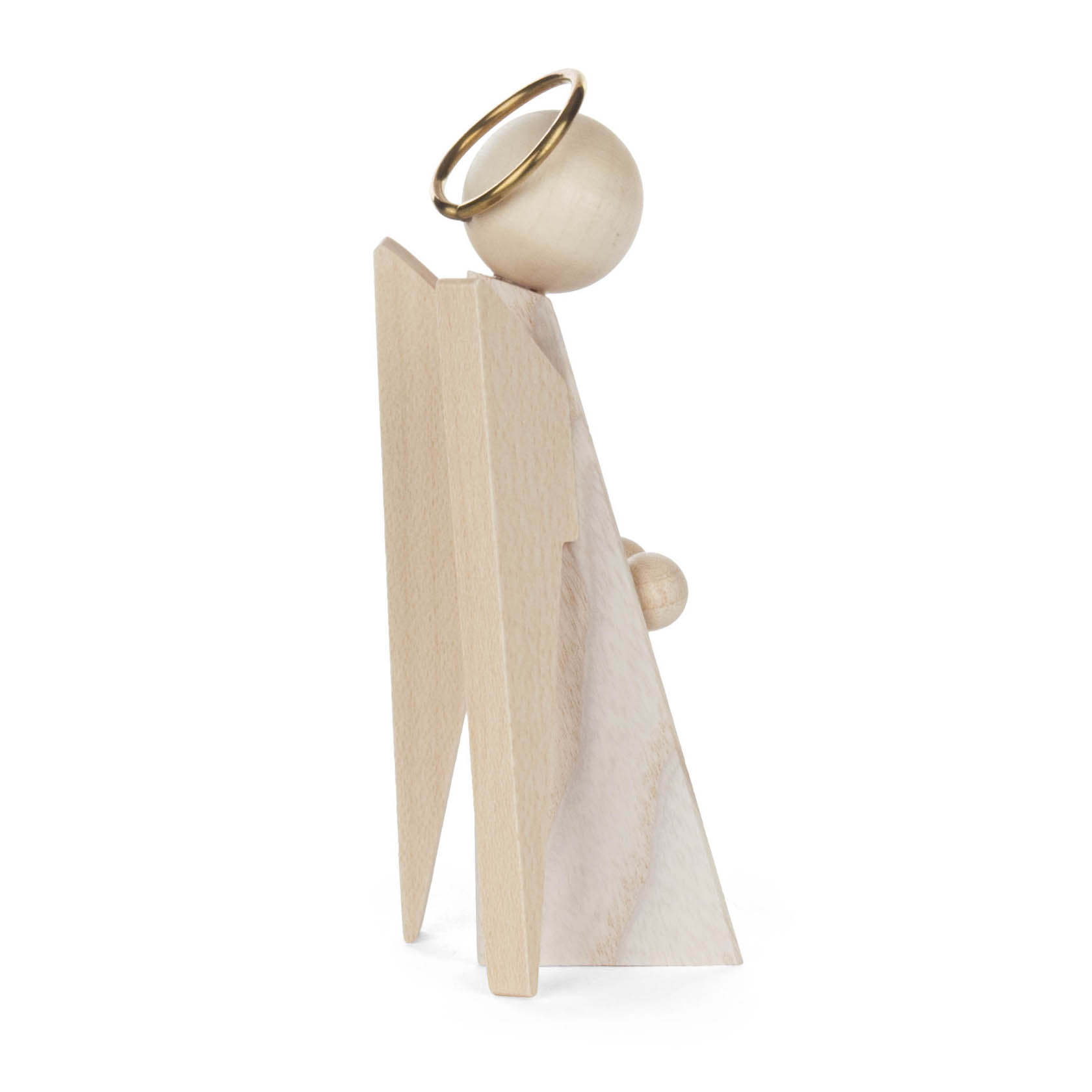 Holzfigur eines stilisierten Engels mit einem goldenen Heiligenschein, die aus schlichten geometrischen Formen besteht und zur Seite blickt.