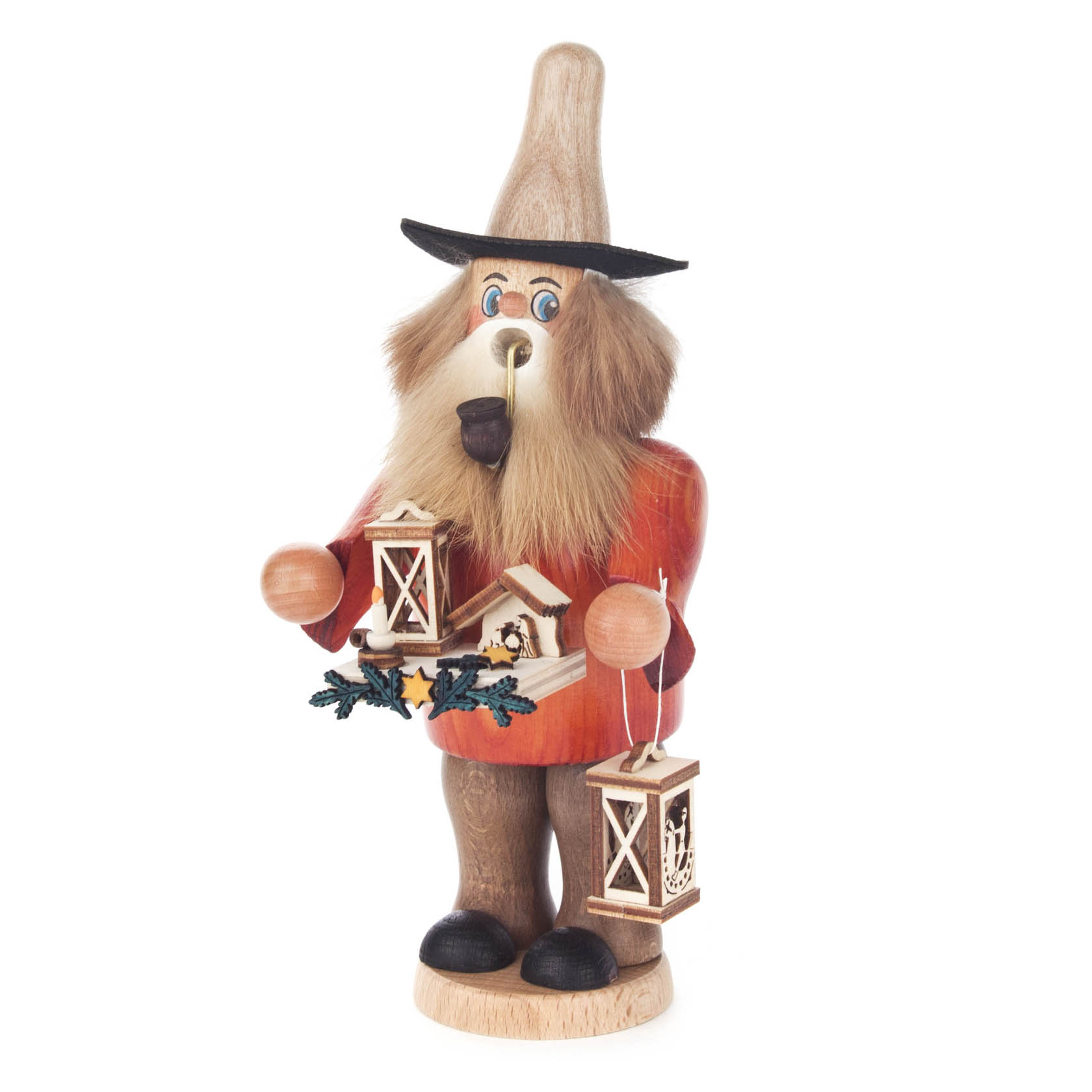 Holzfigur eines Räuchermanns mit langem Bart und Hut, der zwei hölzerne Laternen in den Händen hält und eine Pfeife im Mund hat. im Dregeno Online Shop günstig kaufen