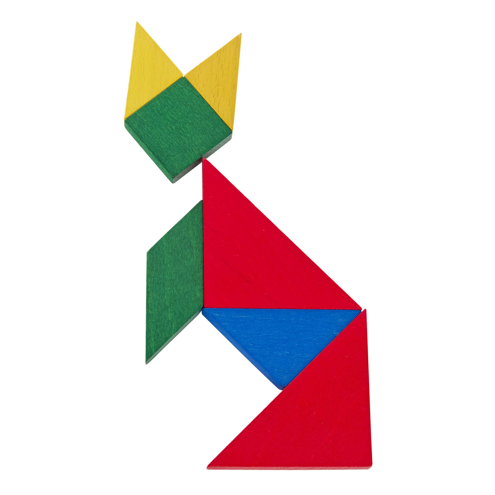 Tangram-Puzzle mit bunten Formen, die zu einem in rot, grün, blau und gelb gestalteten Tierähnlichen Gebilde zusammengesetzt sind.