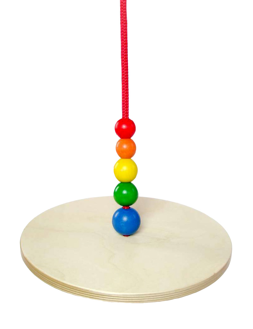Holzrundscheibe mit einem Seil in der Mitte, das durch bunte, farbige Kugeln führt, für eine Tellerschaukel. im Dregeno Online Shop günstig kaufen