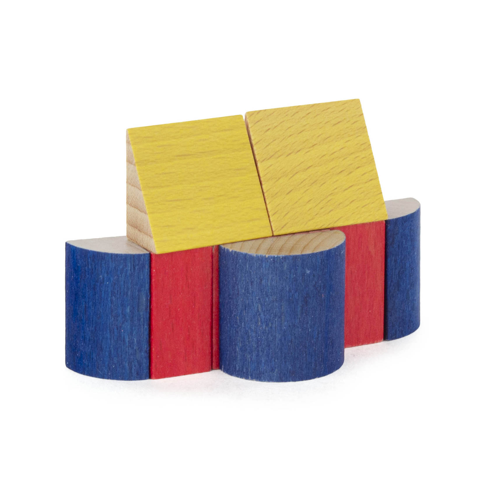 A simple structure made with four half-cylinder wooden blocks in blue and red colors, topped with two yellow triangular prism blocks.