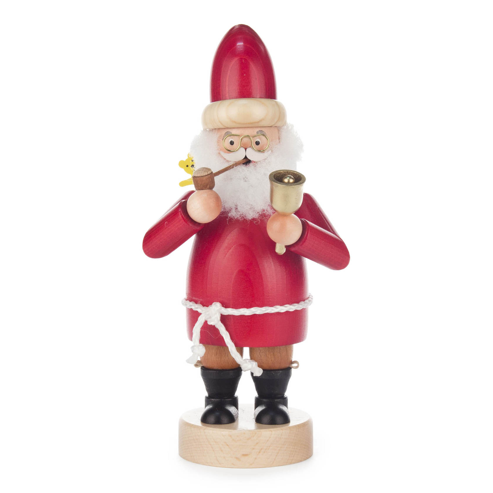 Ein hölzerner Räuchermann in Form eines Weihnachtsmannes mit rotem Anzug, weißem Bart und Brille. Er hält eine Glocke und eine Pfeife. im Dregeno Online Shop günstig kaufen