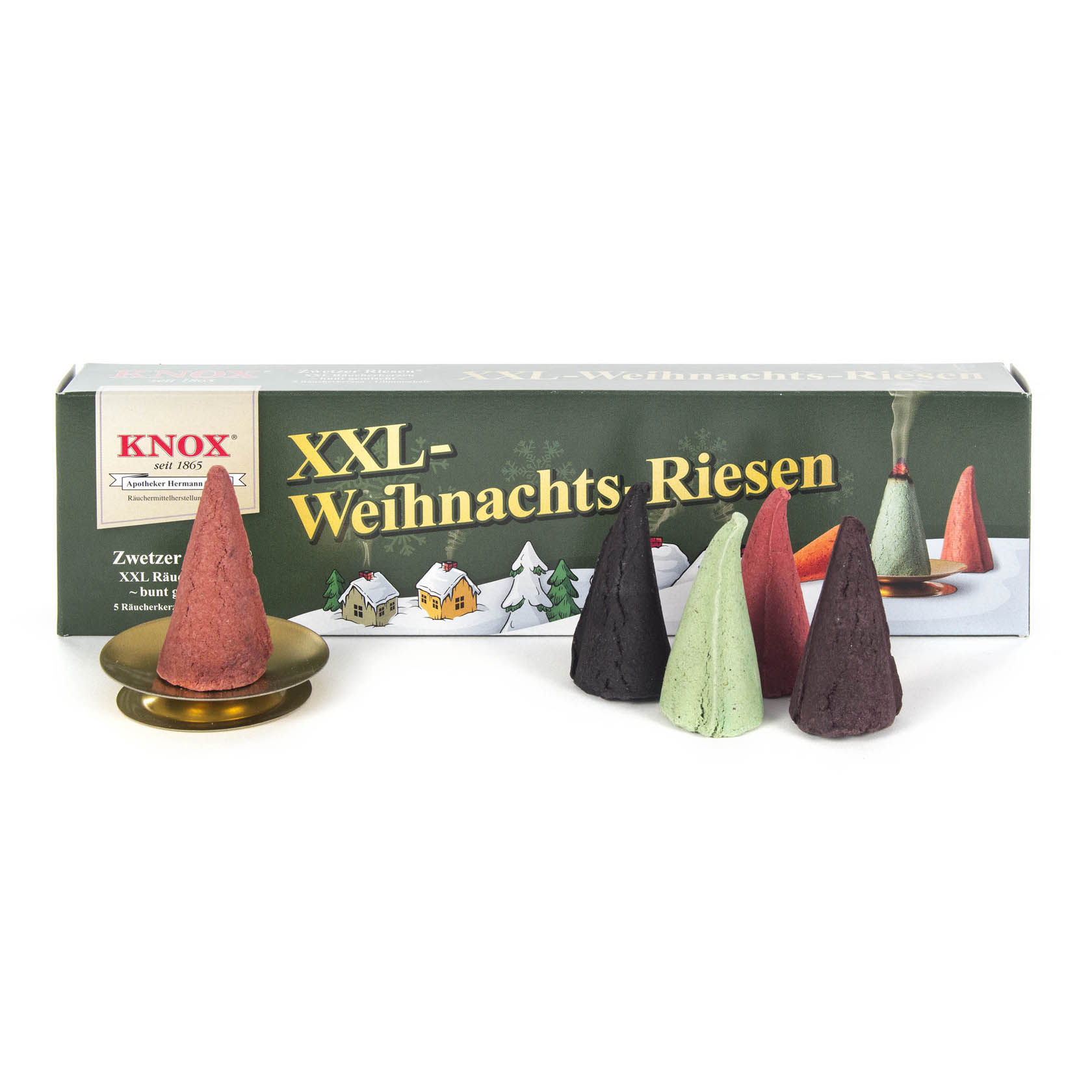 Fünf bunte, konische Räucherkerzen mit einer goldenen Glimmschale im Vordergrund. Im Hintergrund ist die Verpackung der KNOX XXL-Weihnachtsriesen zu sehen. im Dregeno Online Shop günstig kaufen
