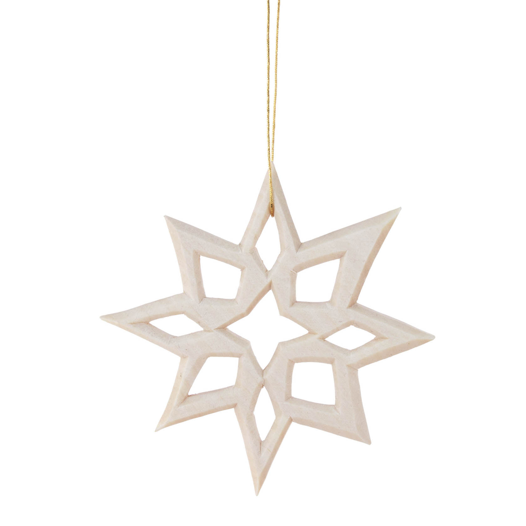 Ein weißer, geschnitzter Stern-Anhänger mit acht Zacken und geometrischen Aussparungen, hängt an einem dünnen, goldenen Faden. im Dregeno Online Shop günstig kaufen
