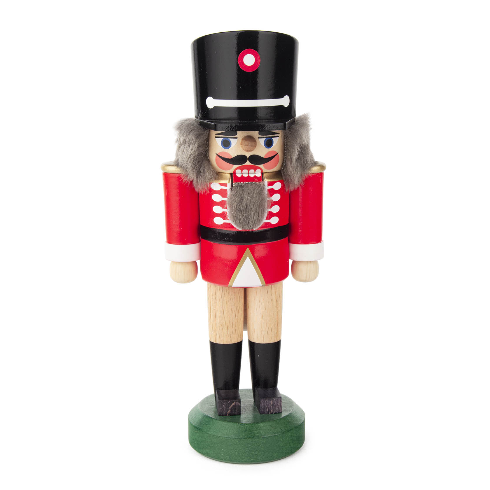 Ein Nussknacker in Form eines Husaren in rot-natur, 17 cm groß. Der Nussknacker hat einen schwarzen Hut, grauen Bart und trägt eine rote Uniform mit weißen Details. im Dregeno Online Shop günstig kaufen