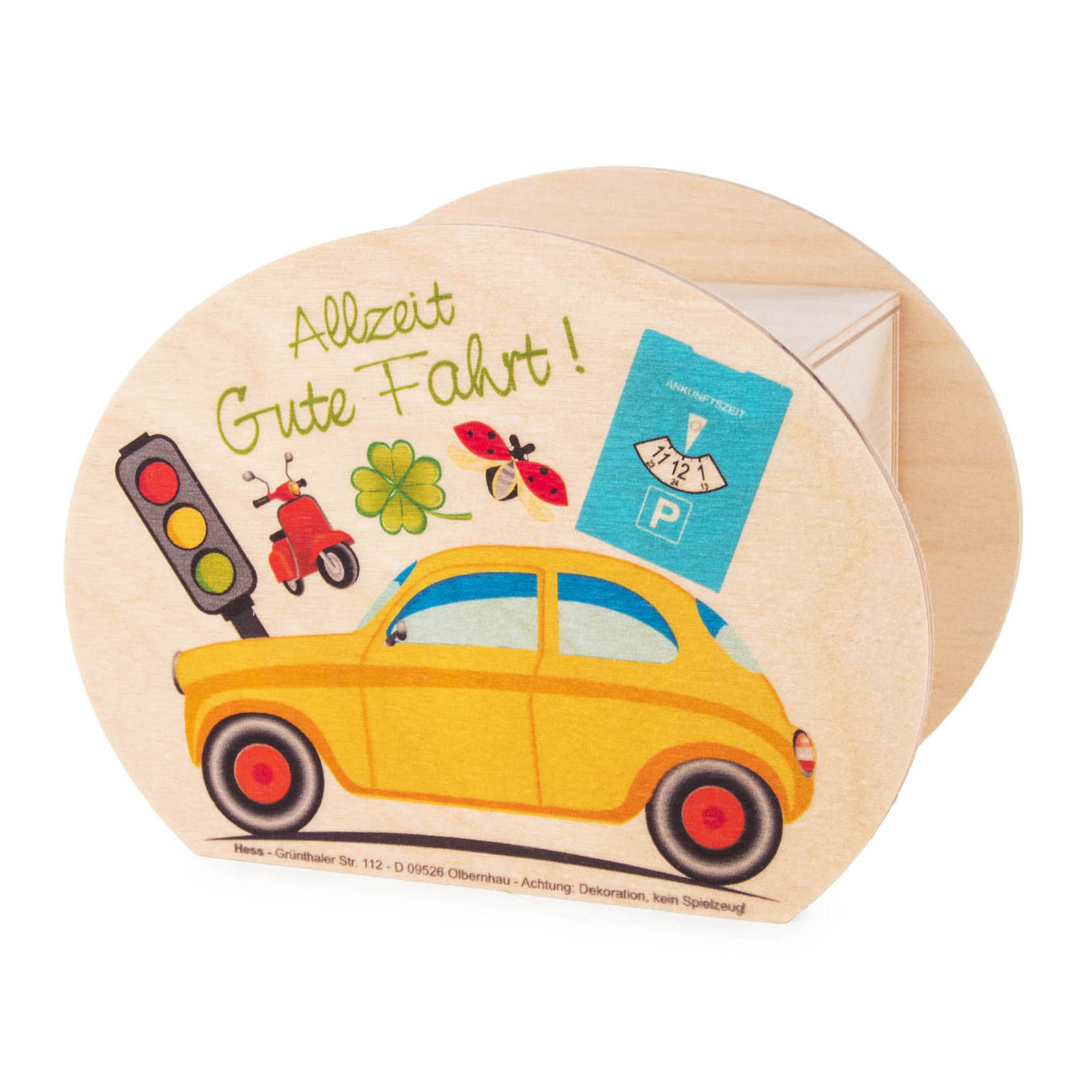 Ovale Spardose aus Holz mit gelbem Auto, roter Vespa, Marienkäfer und grüner Ampel. Text 'Allzeit Gute Fahrt!' und eine blaue Parkscheibe sind abgebildet. im Dregeno Online Shop günstig kaufen