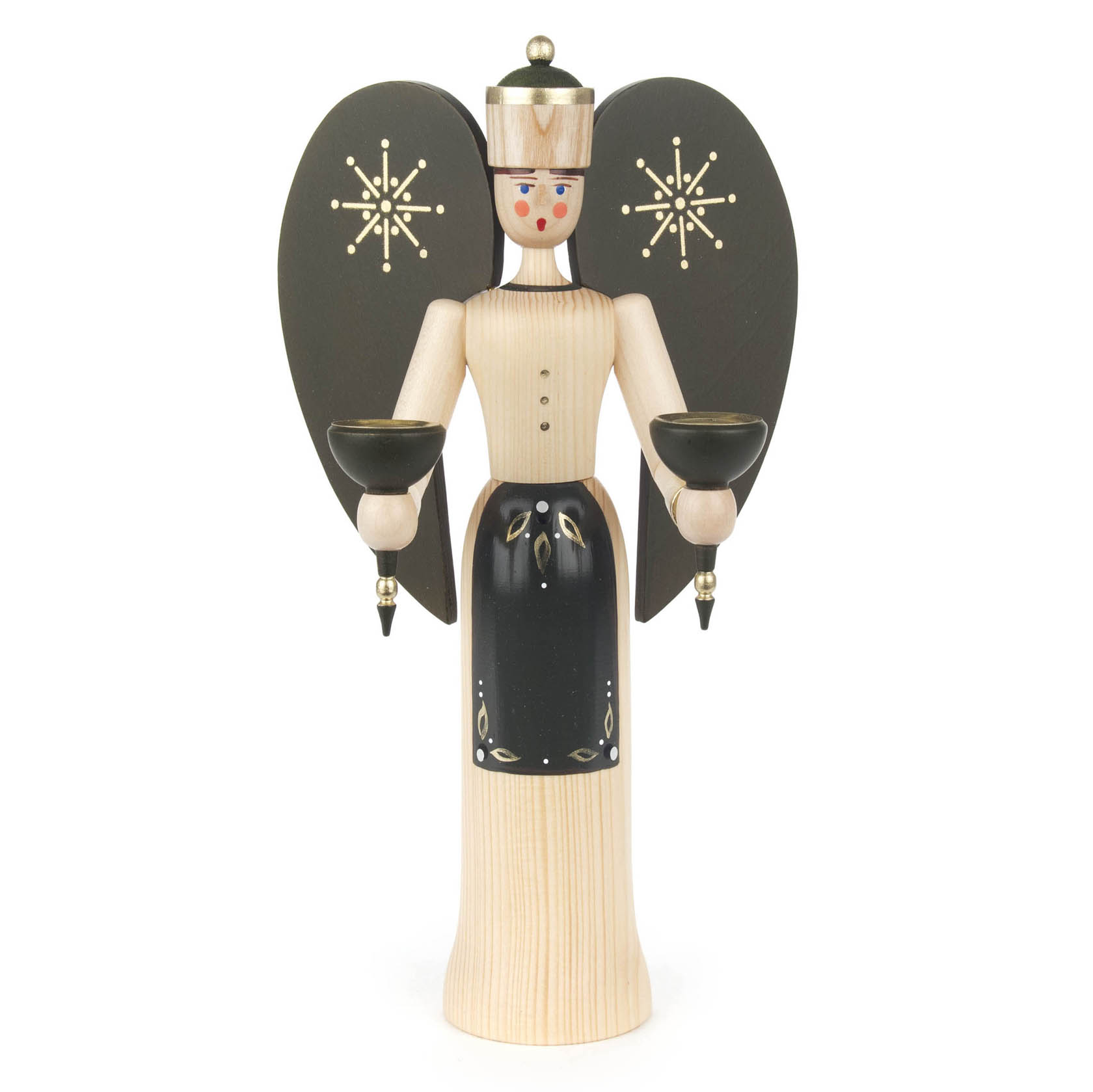 Holzfigur eines Engels mit schwarzem Flügeln und goldenem Sternmuster, hält zwei Kerzenhalter, 14mm Durchmesser, trägt einen goldenen Kopfschmuck. im Dregeno Online Shop günstig kaufen