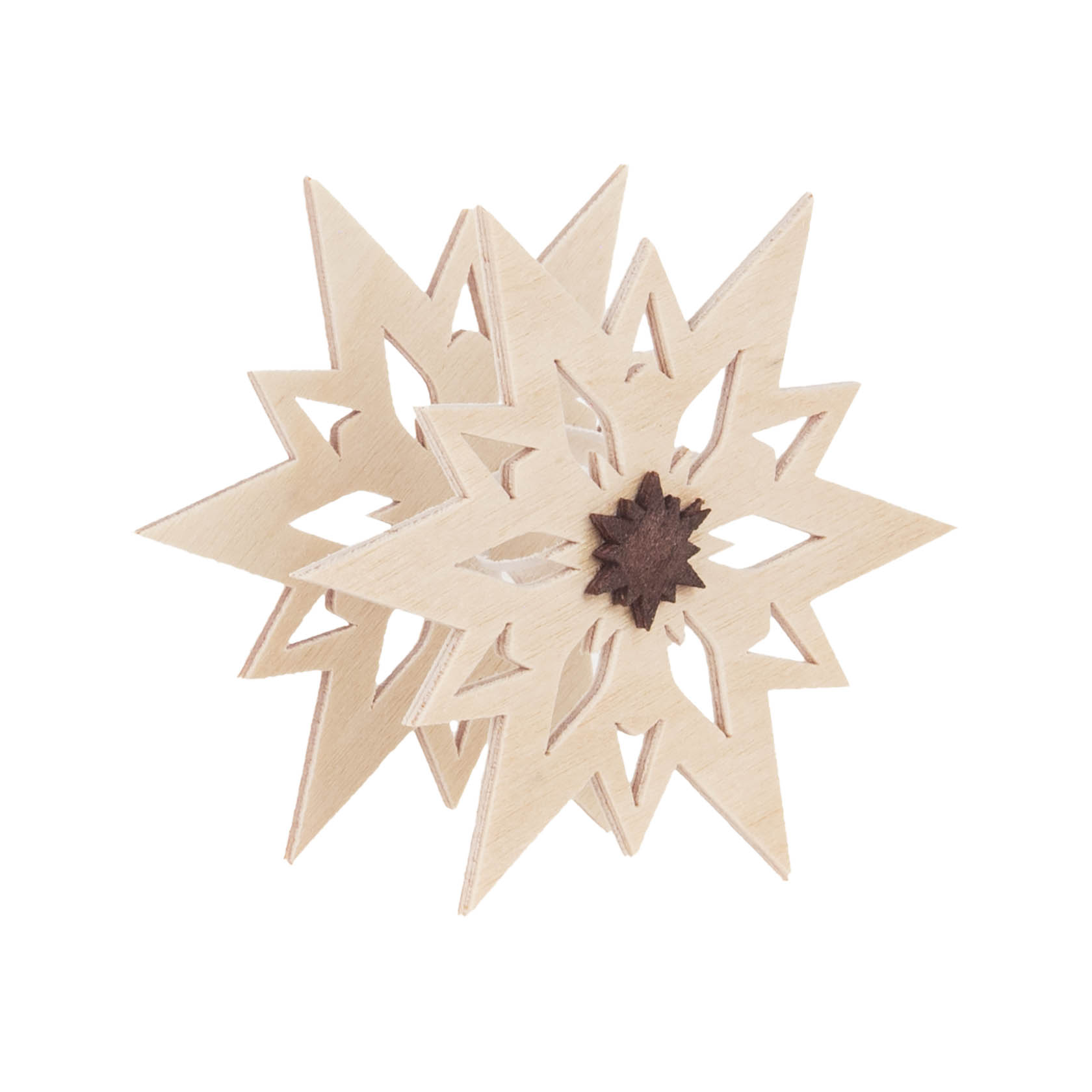 A small wooden attachable star with intricate cutouts, measuring 5 cm in diameter.