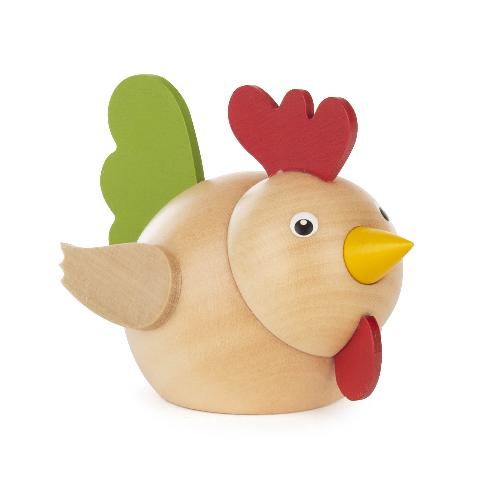 Holzfigur eines Huhns mit natürlichem Holzfarbton, grünen Flügeln, roter Kamm und gelbem Schnabel. im Dregeno Online Shop günstig kaufen