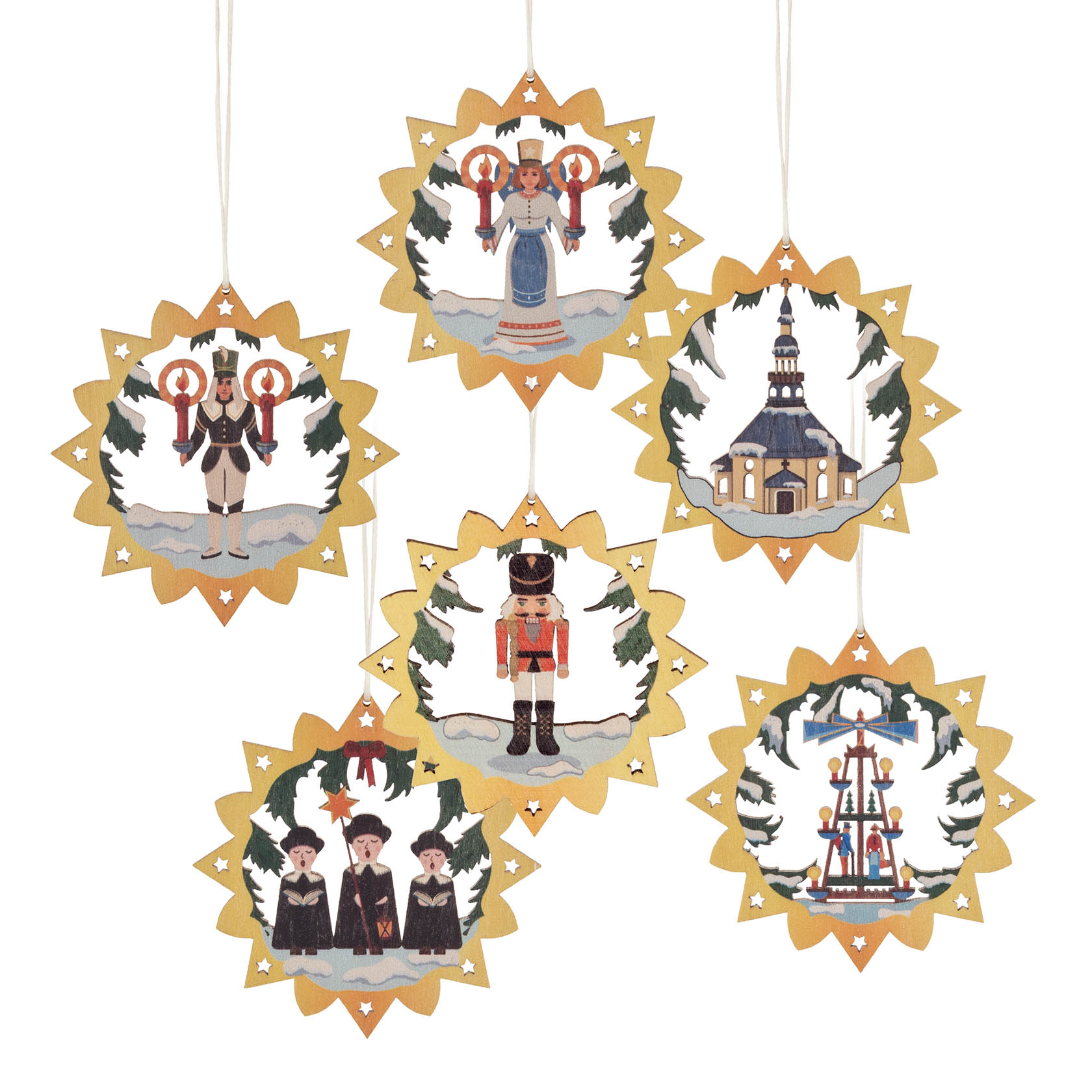 Six colorful paper ornaments featuring various winter and holiday motifs, including a church, soldier, people with candles, and more. im Dregeno Online Shop günstig kaufen