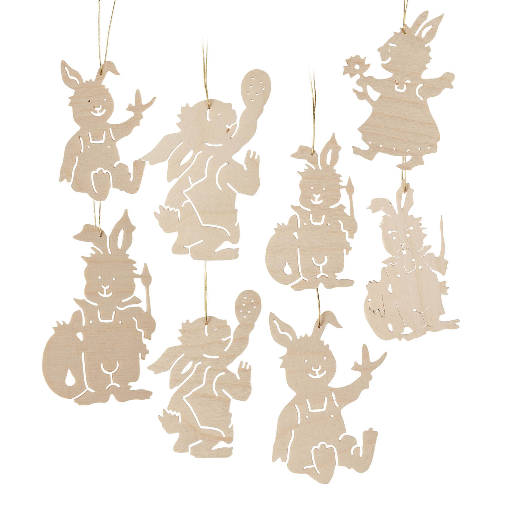 Holzanhänger Set mit 8 Hasenfiguren in verschiedenen Posen, geeignet als Baumbehang. im Dregeno Online Shop günstig kaufen