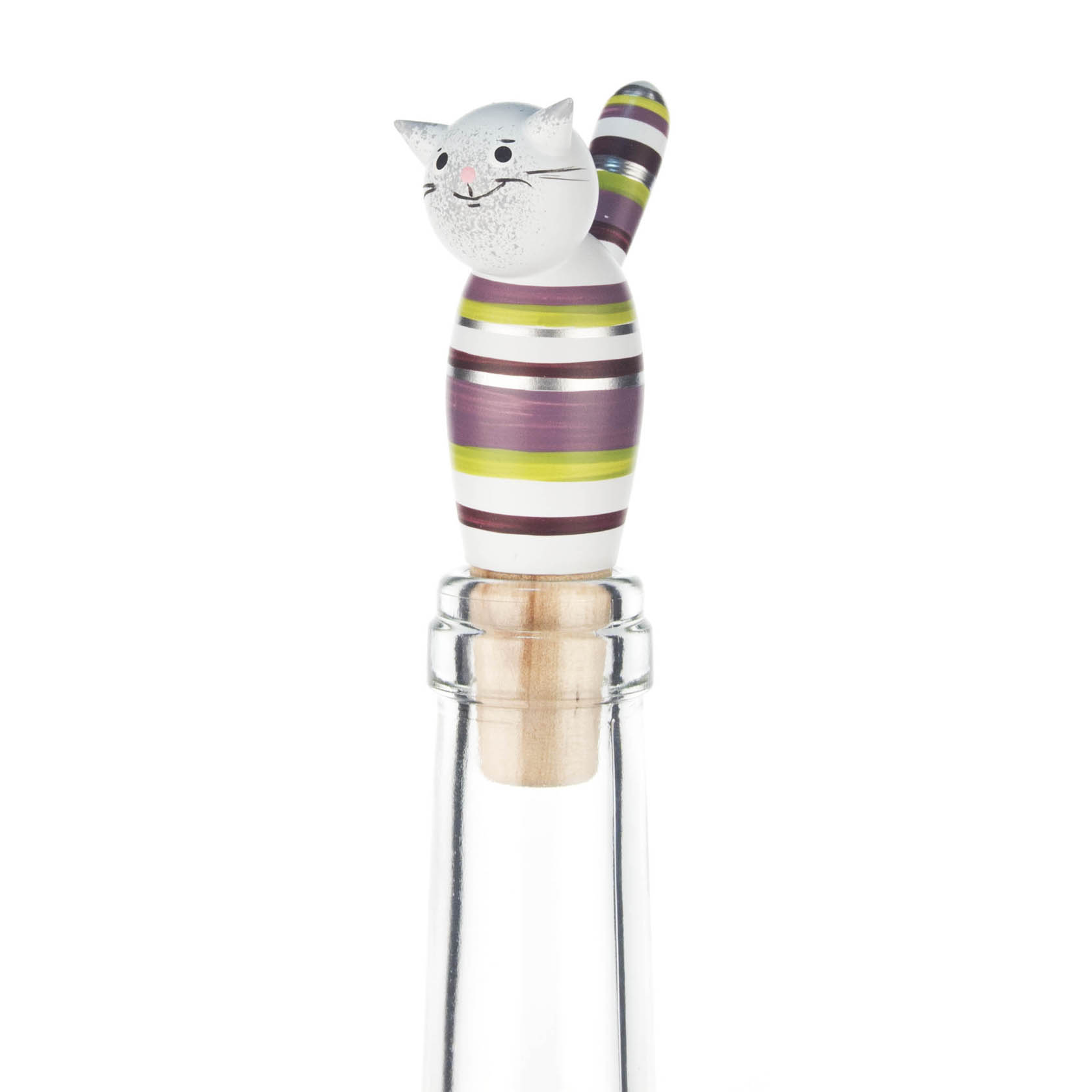 Ein Flaschenverschluss in Form eines Katers mit violetten, grünen und silbernen Streifen, der auf einer durchsichtigen Glasflasche sitzt. im Dregeno Online Shop günstig kaufen