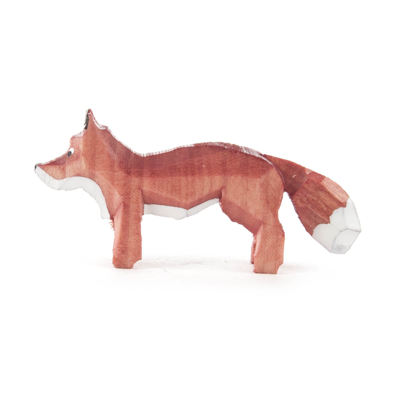 Kleine Fuchsfigur aus Holz, rotbraun bemalt mit weißen Details an Schnauze, Pfoten und Schwanzspitze. im Dregeno Online Shop günstig kaufen