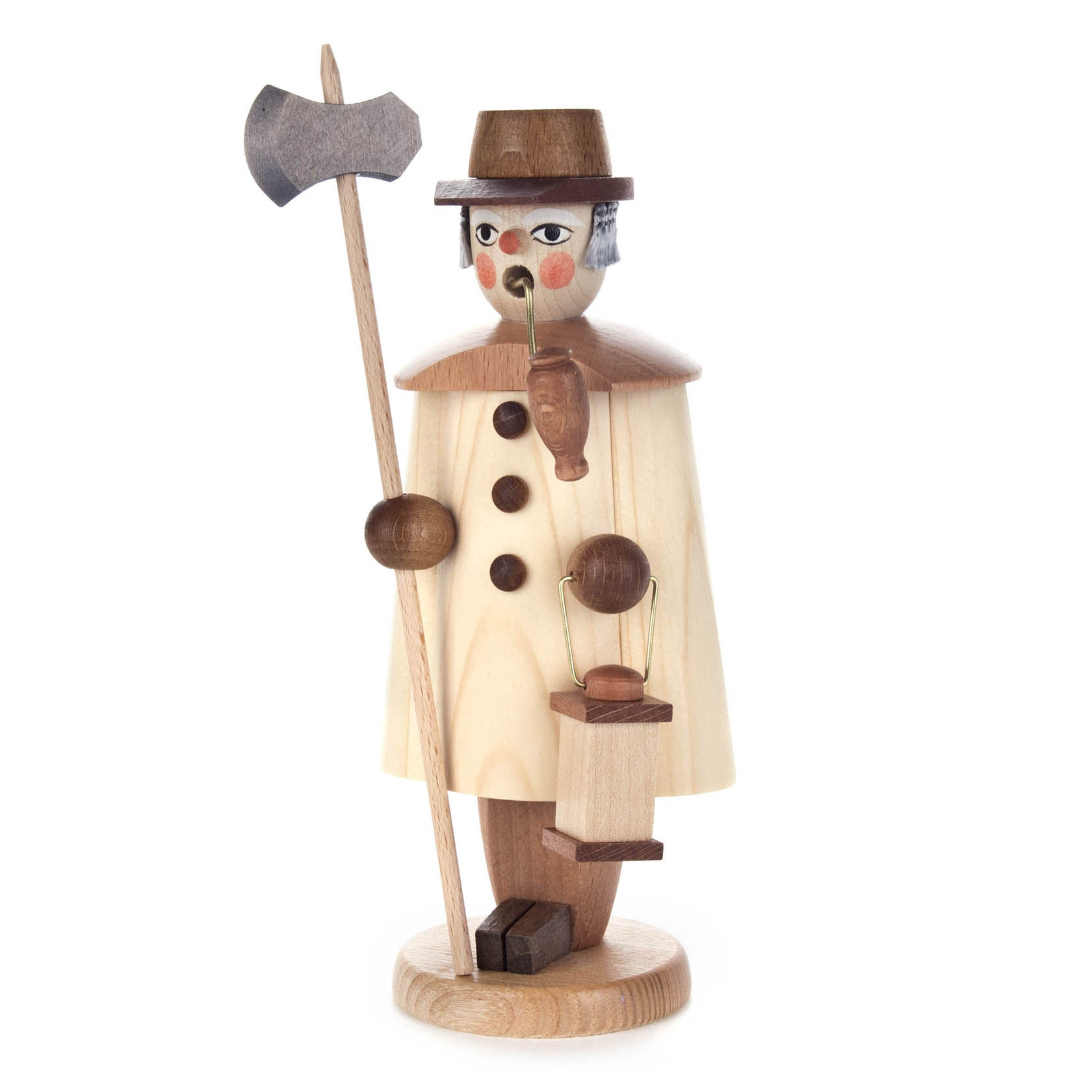 Holzfigur eines Räuchermanns als Nachtwächter mit Laterne und Hellebarde, in naturfarbenem Design. im Dregeno Online Shop günstig kaufen