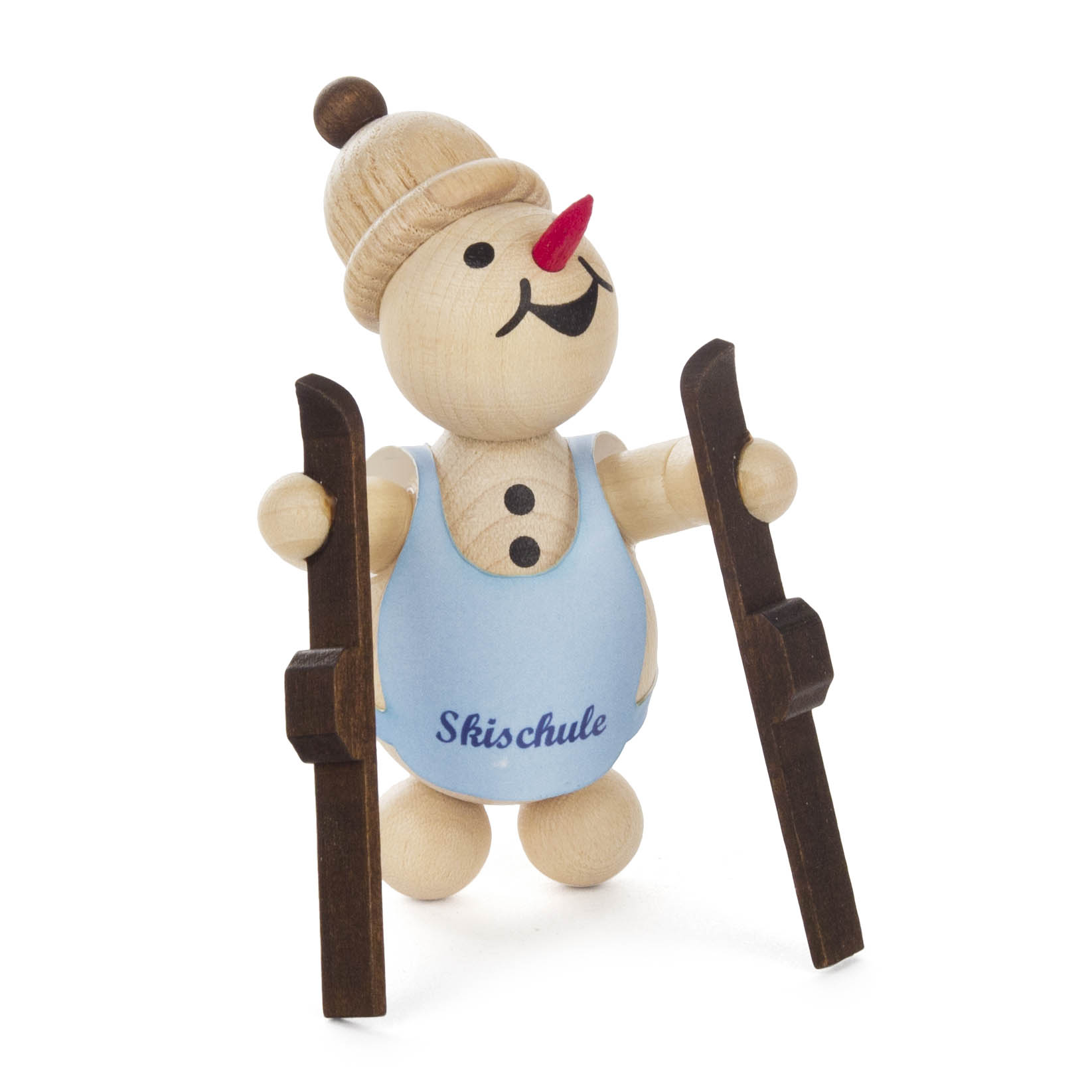 Holzfigur eines Schneemanns mit blauem Skianfängertrikot, roter Nase, Mütze und zwei Skiern in den Händen. im Dregeno Online Shop günstig kaufen
