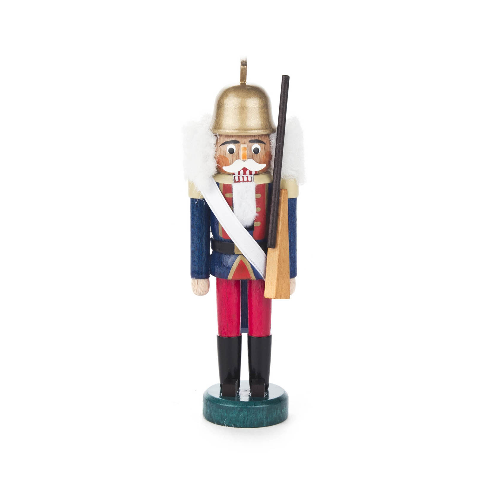 Ein blau-rot gekleideter Nussknacker in Form eines Gardesoldaten. Er trägt einen goldenen Helm und hält ein Gewehr in der rechten Hand. im Dregeno Online Shop günstig kaufen
