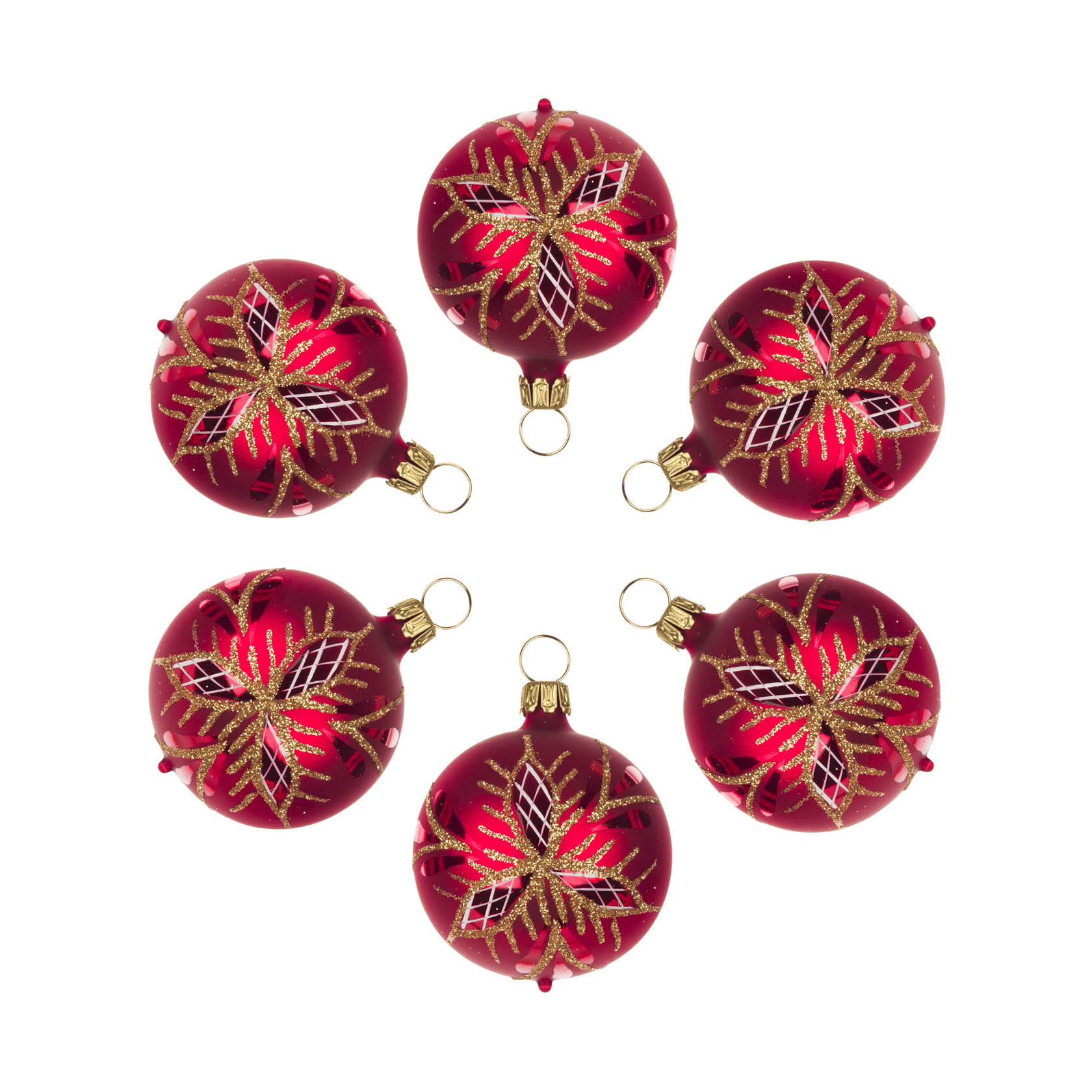 Sechs rot-matte Christbaumkugeln mit Waffelmuster und goldenen Verzierungen, sternförmig angeordnet. im Dregeno Online Shop günstig kaufen