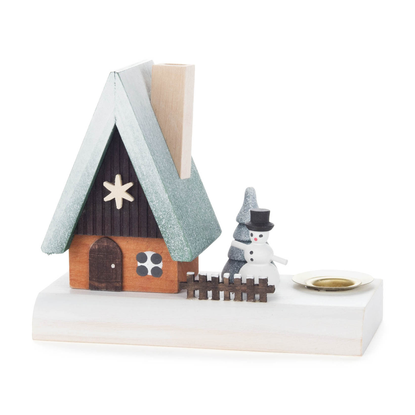 Holz-Räucherhaus mit schneebedecktem Dach, kleinen Schneemann und Baum daneben, ideal für eine Kerze mit einem Durchmesser von 14 mm. im Dregeno Online Shop günstig kaufen