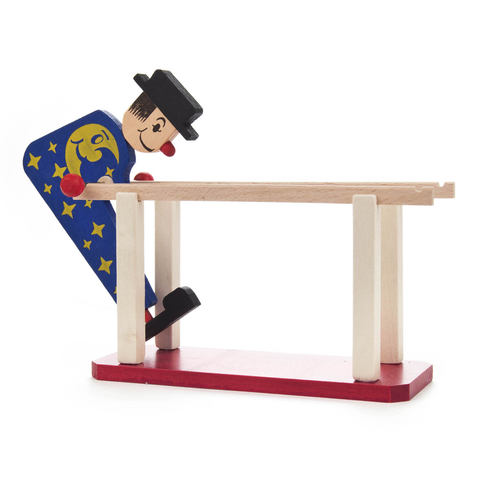 Holzspielzeug Männchen im Sterneumhang mit Hut, das an einer rot-weißen Stange turnt. im Dregeno Online Shop günstig kaufen
