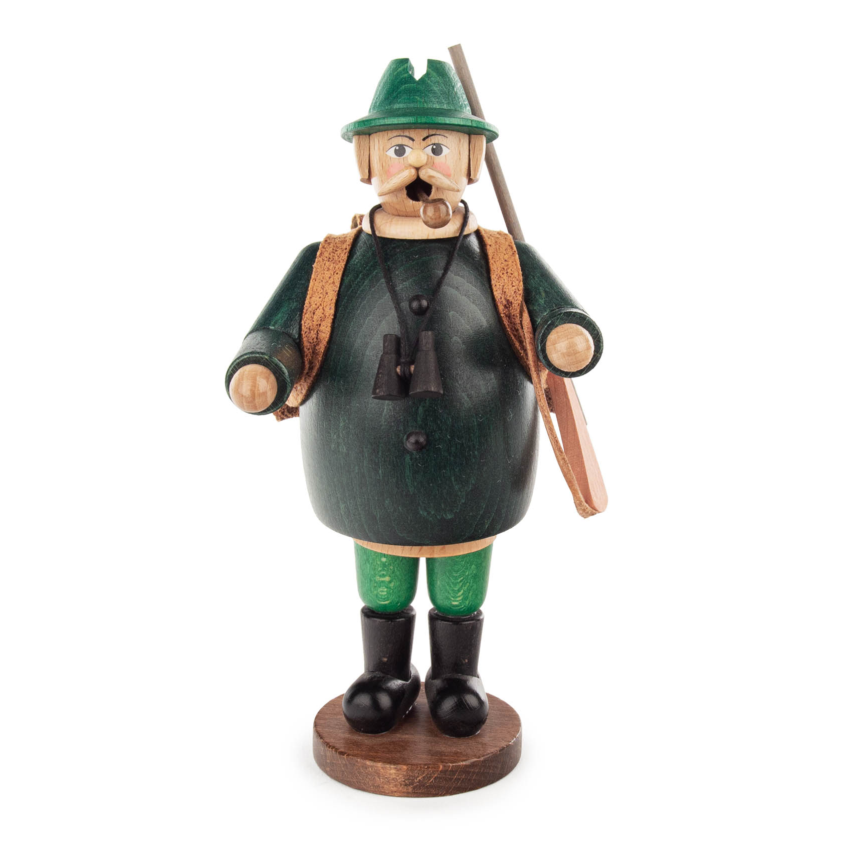 Holzfigur eines Försters in grüner Kleidung mit Hut, einem Fernglas um den Hals und einer Pfeife im Mund. Er trägt eine Jagdwaffe über der Schulter. im Dregeno Online Shop günstig kaufen