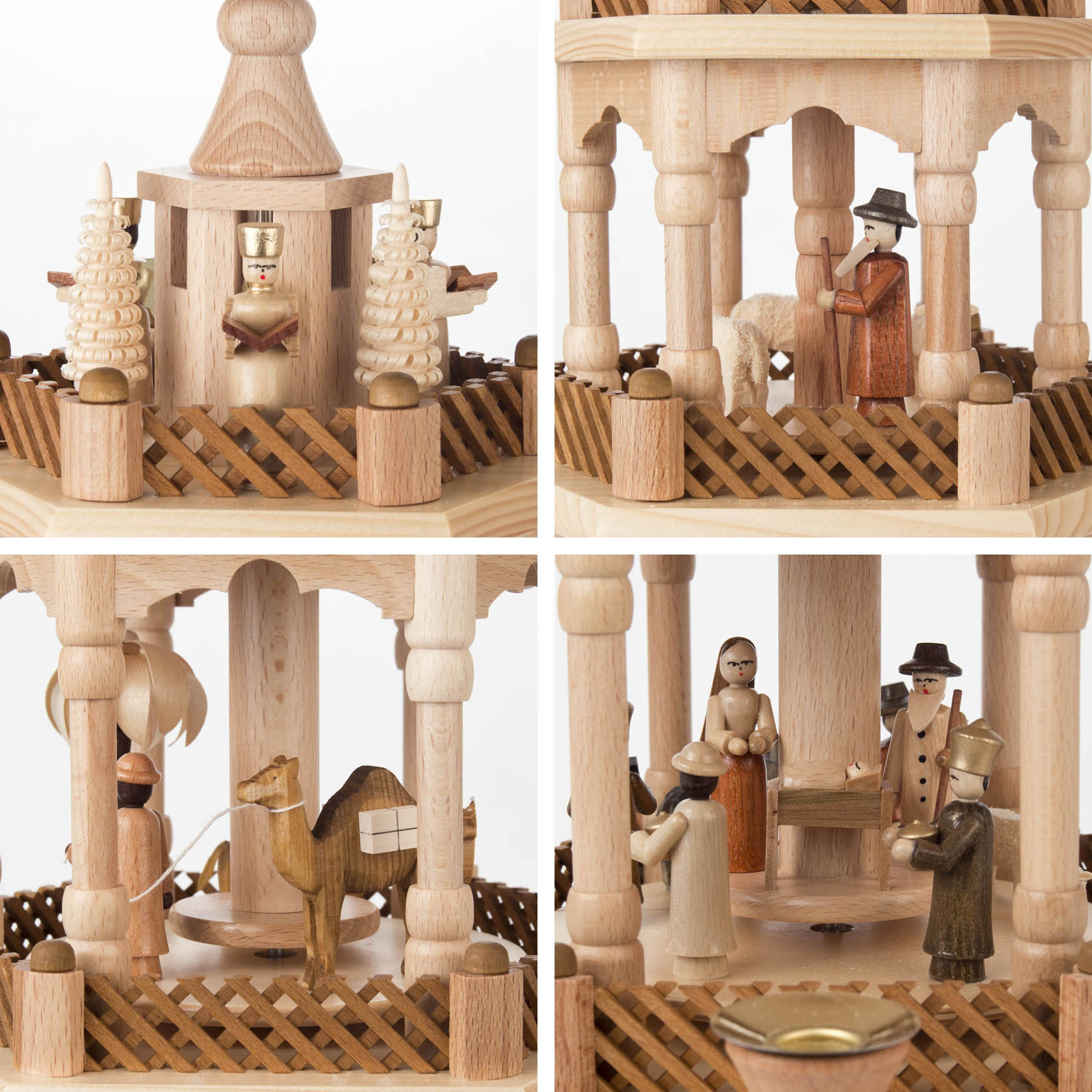 Dreistöckige Weihnachtspyramide aus Holz mit Figuren der Weihnachtsgeschichte: Hirte, Schafe, Kamel, Engel und die Heilige Familie. Platz für vier Kerzen.