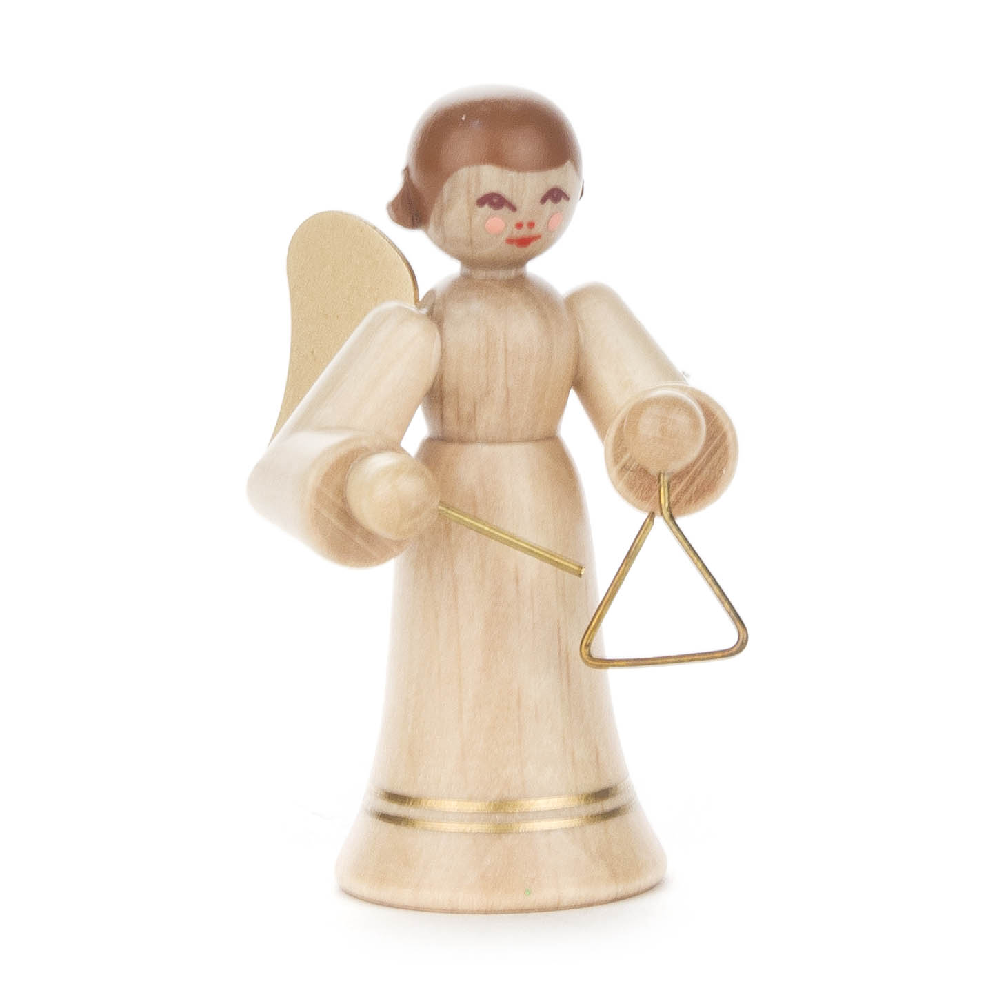 Holzengel mit naturfarbenem langen Rock, goldenem Heiligenschein, goldener Triangel und Schlegel in den Händen. im Dregeno Online Shop günstig kaufen