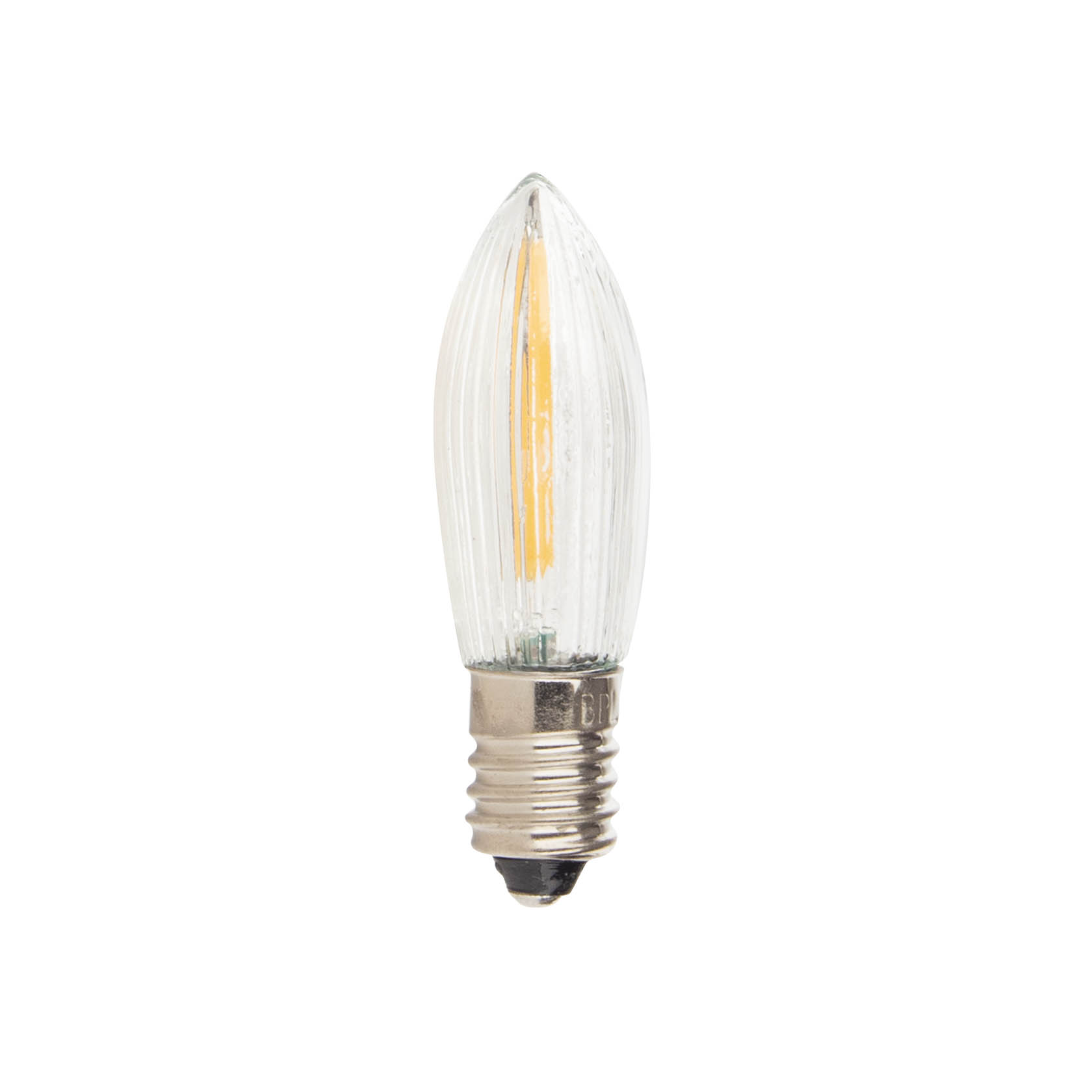 Eine klare Filament LED Riffelkerze mit E10-Sockel, die warmweißes Licht bietet. Sie hat eine Spannung von 12-55V und eine Leistung von 0,2W. im Dregeno Online Shop günstig kaufen
