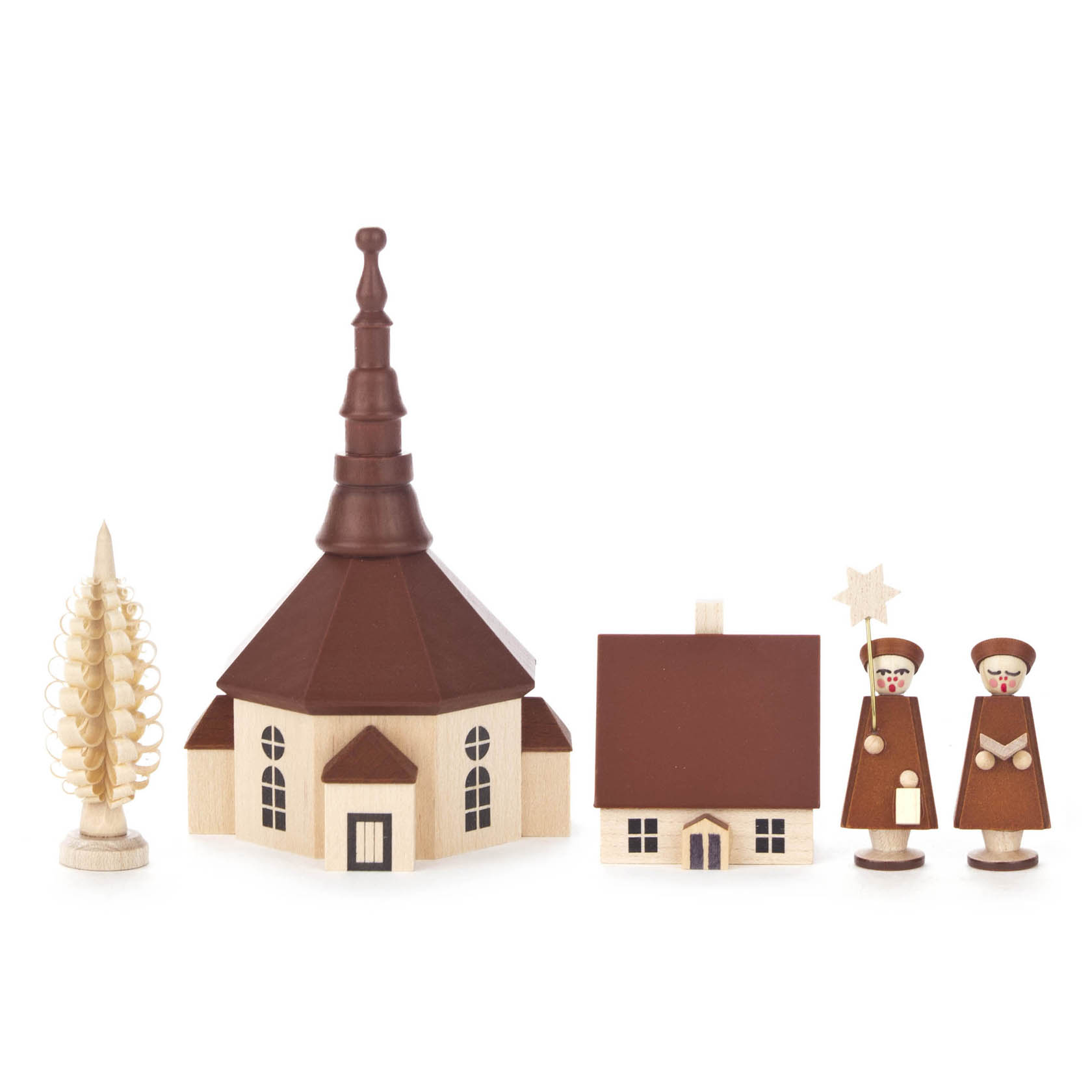 Holzfiguren-Set mit Kurrende-Sängern, einer Kirche mit Turm, einem kleinen Haus und einem Weihnachtsbaum