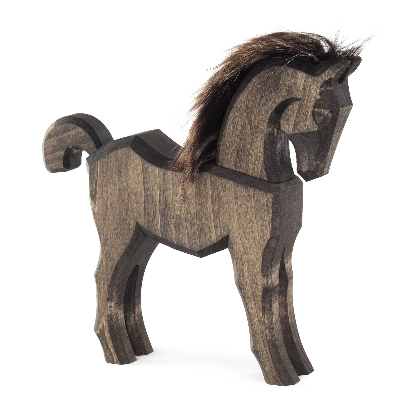 Holzpferd, genannt Nikilus, in Schwarz mit einer braunen Mähne, stehend auf vier Beinen. im Dregeno Online Shop günstig kaufen