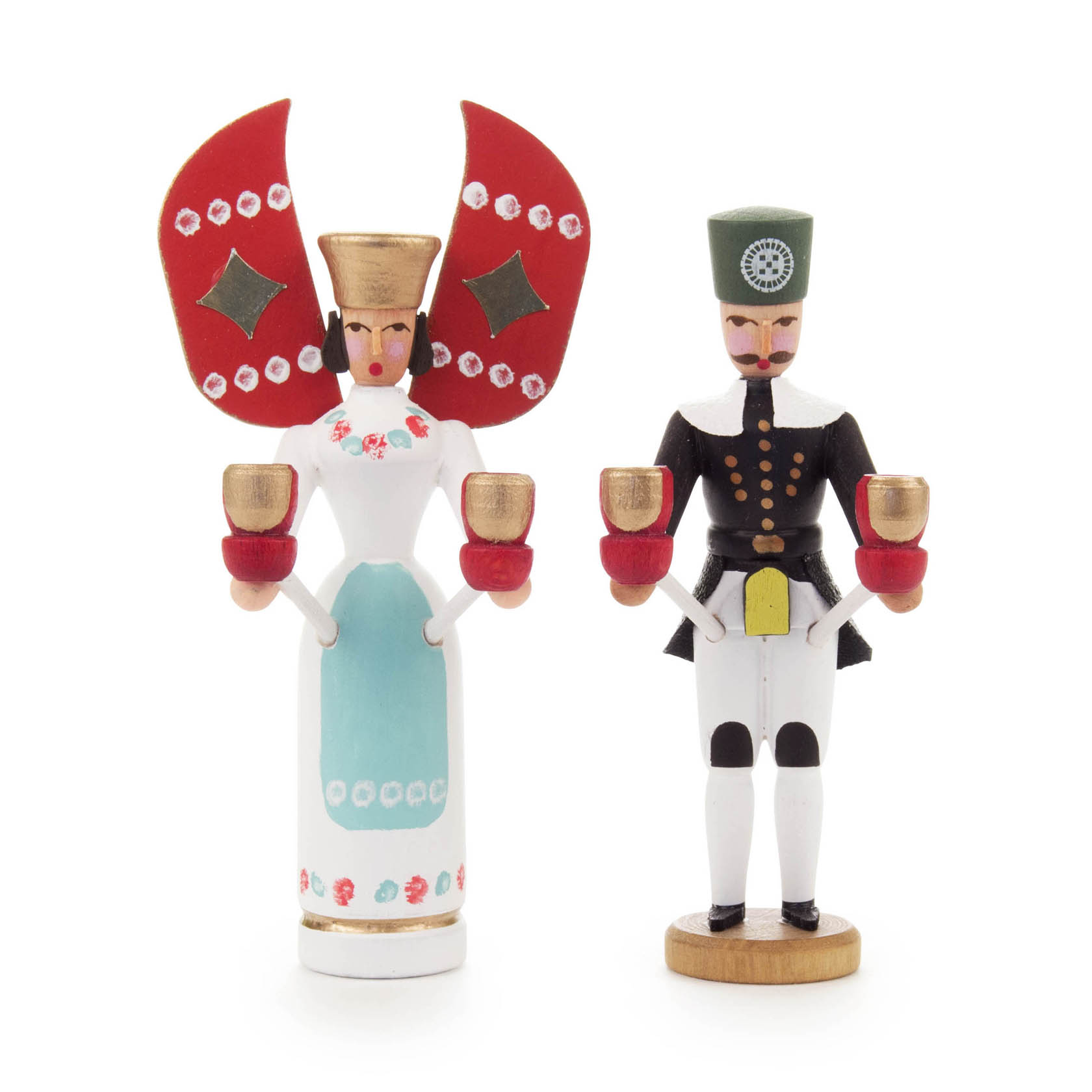 Zwei bemalte Holzfiguren, ein Engel mit roten Flügeln und eine Bergmannsfigur, beide halten Kerzenhalter. im Dregeno Online Shop günstig kaufen