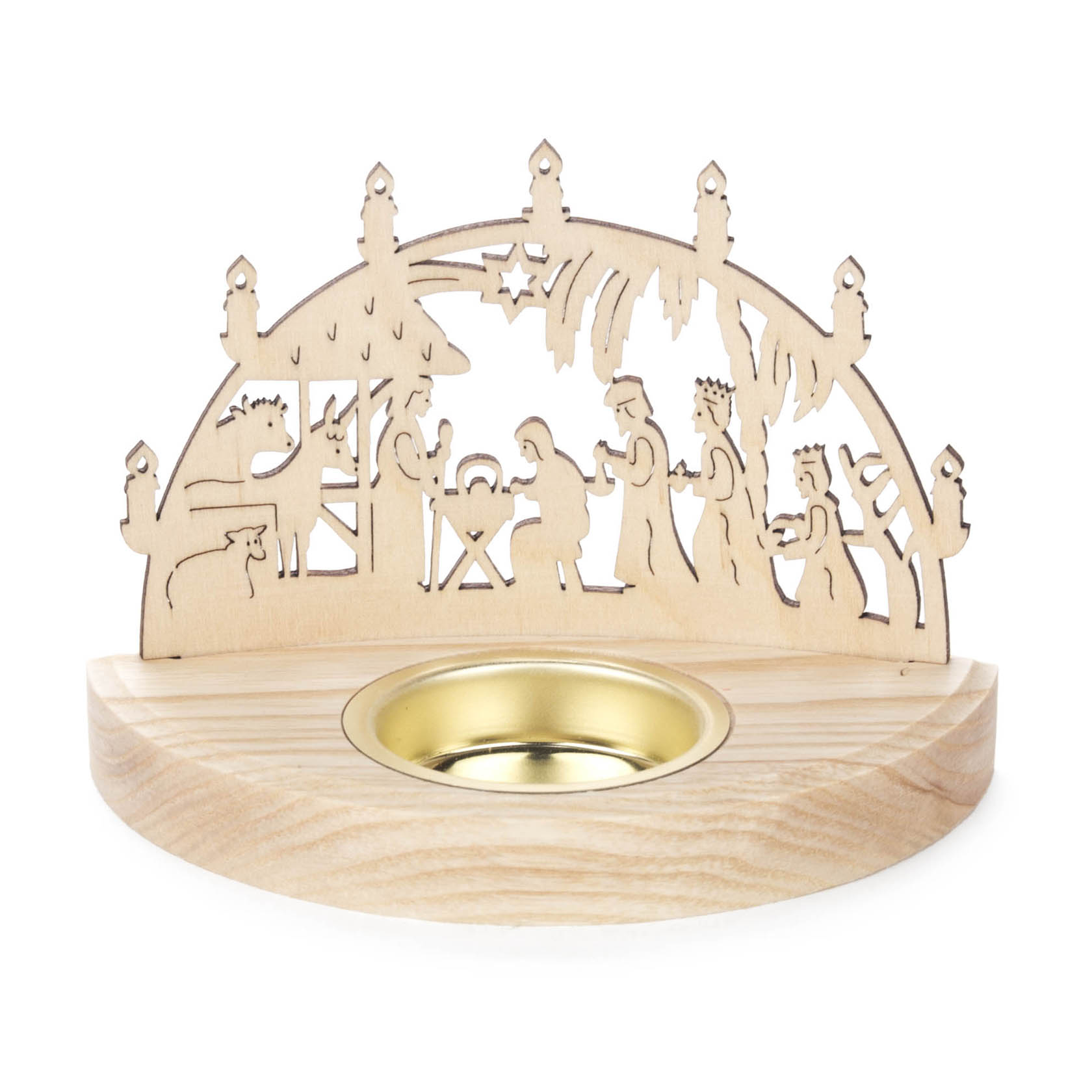 Ein Teelichthalter aus Holz zeigt die Geburt Christi mit Maria, Josef, dem Jesuskind in der Krippe, den Heiligen Drei Königen, einem Stern und einem Engel. im Dregeno Online Shop günstig kaufen