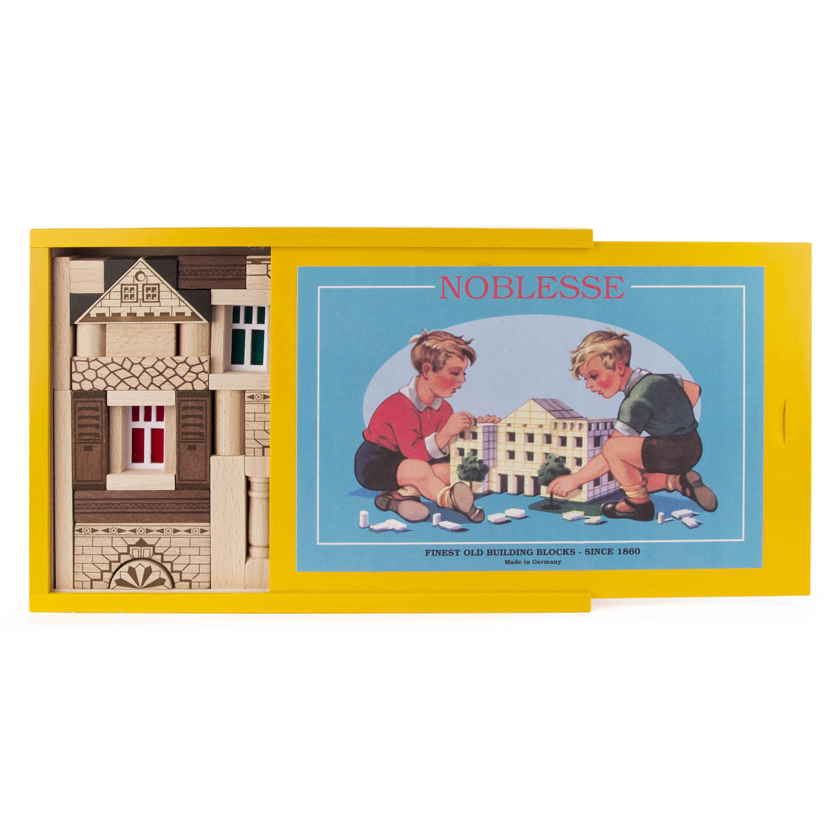 Baukasten 'Noblesse' mit 82 Teilen, zeigt ein geöffnetes Set mit Holzbausteinen und eine Illustration von zwei Kindern, die mit den Steinen spielen.
