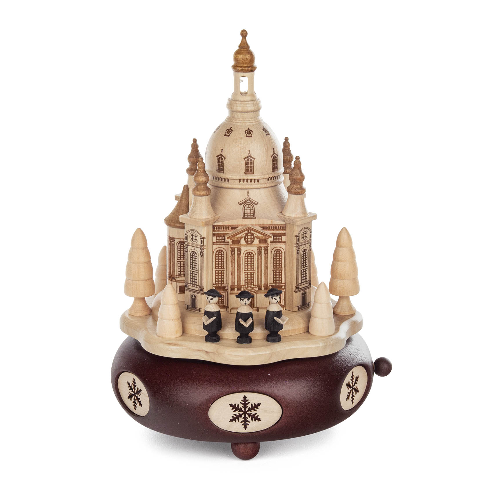 Spieldose mit der Dresdner Frauenkirche und drei Kurrende-Sängern in schwarzen Roben, die Melodie 'Stille Nacht' spielt. im Dregeno Online Shop günstig kaufen