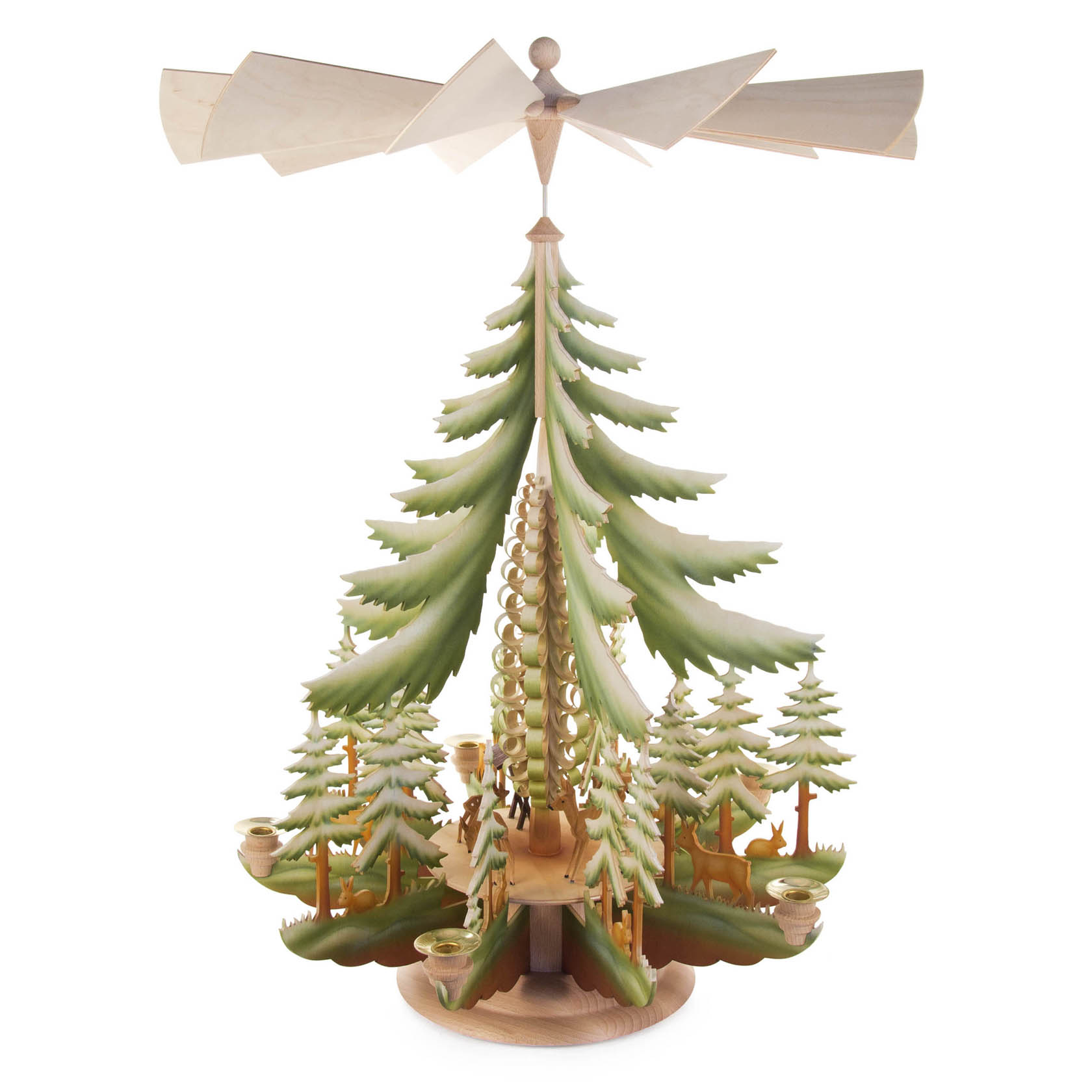 Große, farbige Weihnachtspyramide aus Holz mit grünen Tannenbäumen und Rehen. Oben ist ein Propeller, an dem flügelartige Blätter befestigt sind. im Dregeno Online Shop günstig kaufen