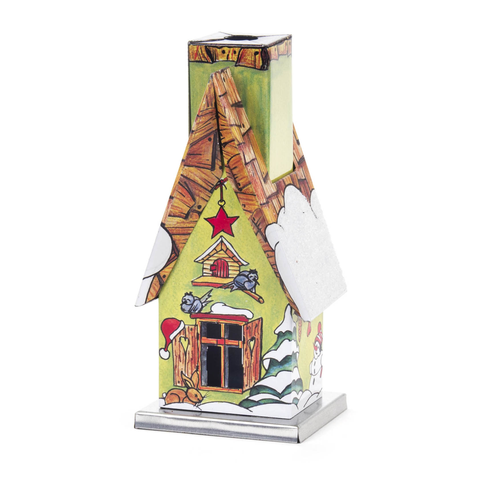Buntes metallisches Räucherhaus in Form einer Waldhütte, mit Weihnachtsdekoration wie rotem Stern und Schneehaube auf dem Dach. im Dregeno Online Shop günstig kaufen
