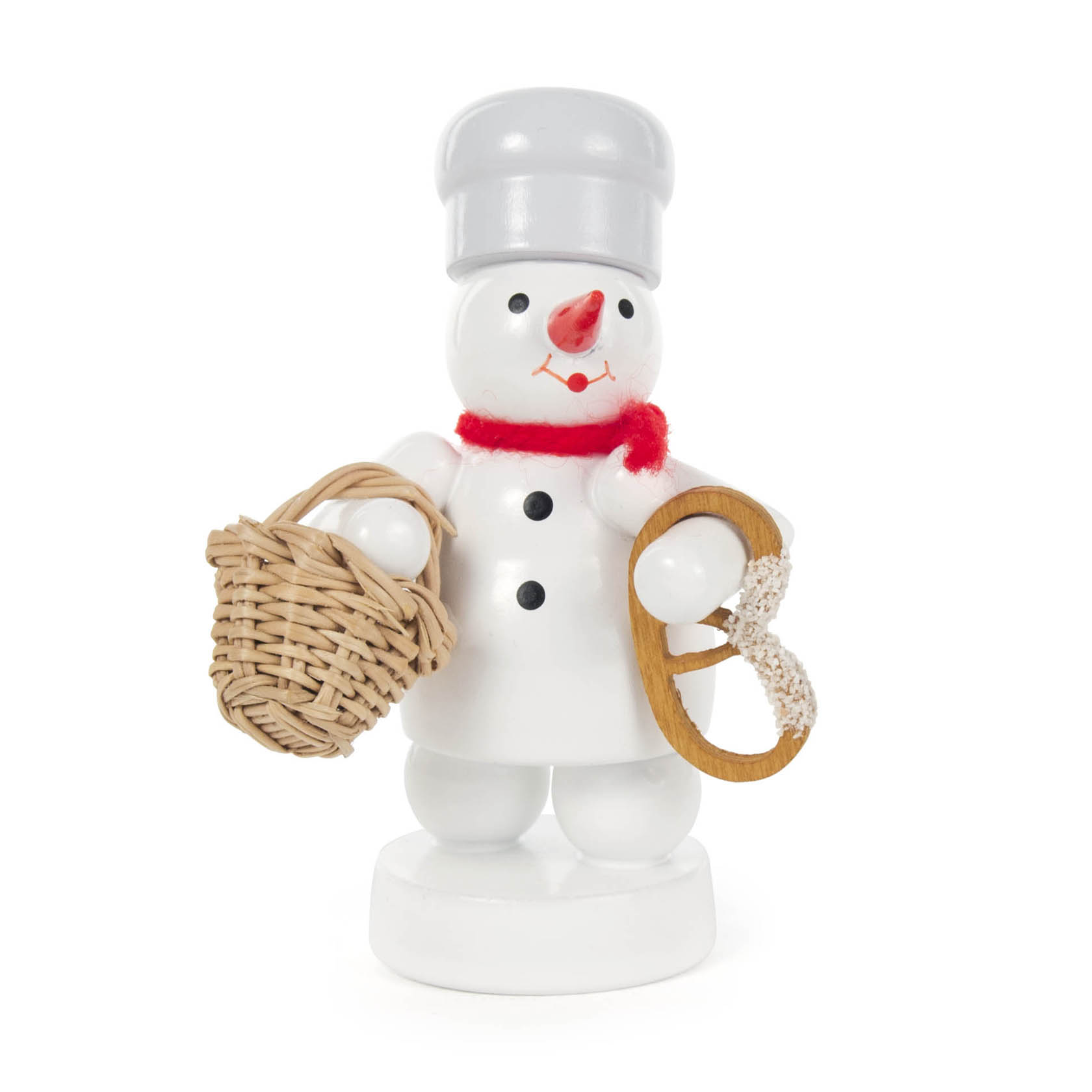 Figur eines Schneemanns als Bäcker, mit weißer Kochmütze, rotem Schal, hält einen Korb mit Brötchen in einer Hand und eine Brezel in der anderen. im Dregeno Online Shop günstig kaufen
