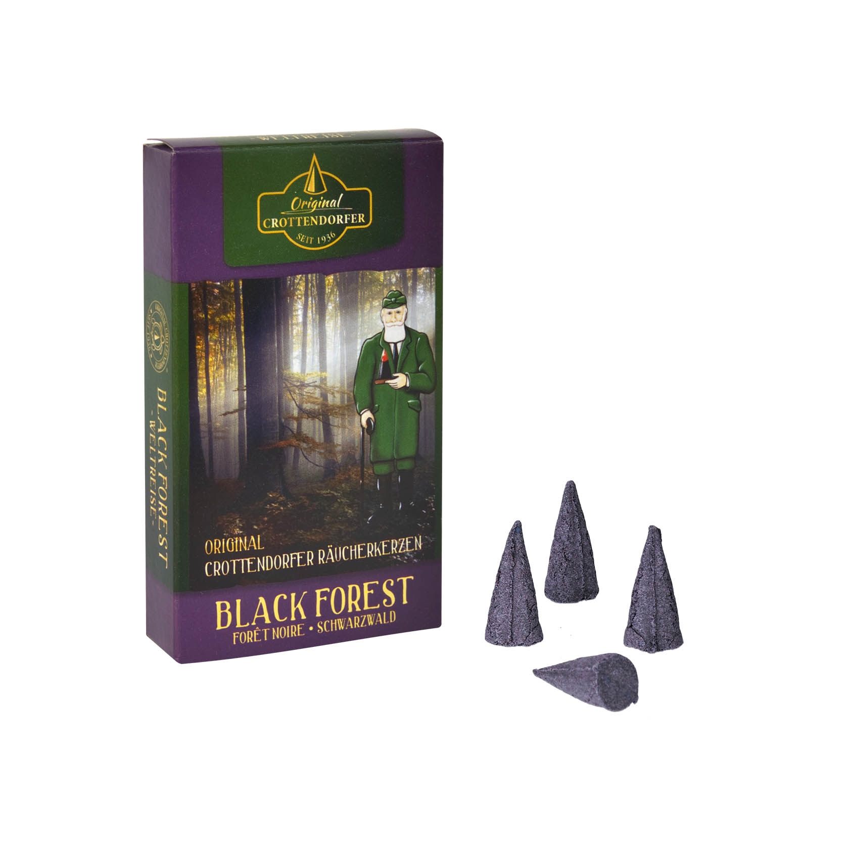 Verpackung von Crottendorfer Räucherkerzen der Sorte Black Forest mit mehreren Kegel-Räucherkerzen davor, eine davon brennend. im Dregeno Online Shop günstig kaufen