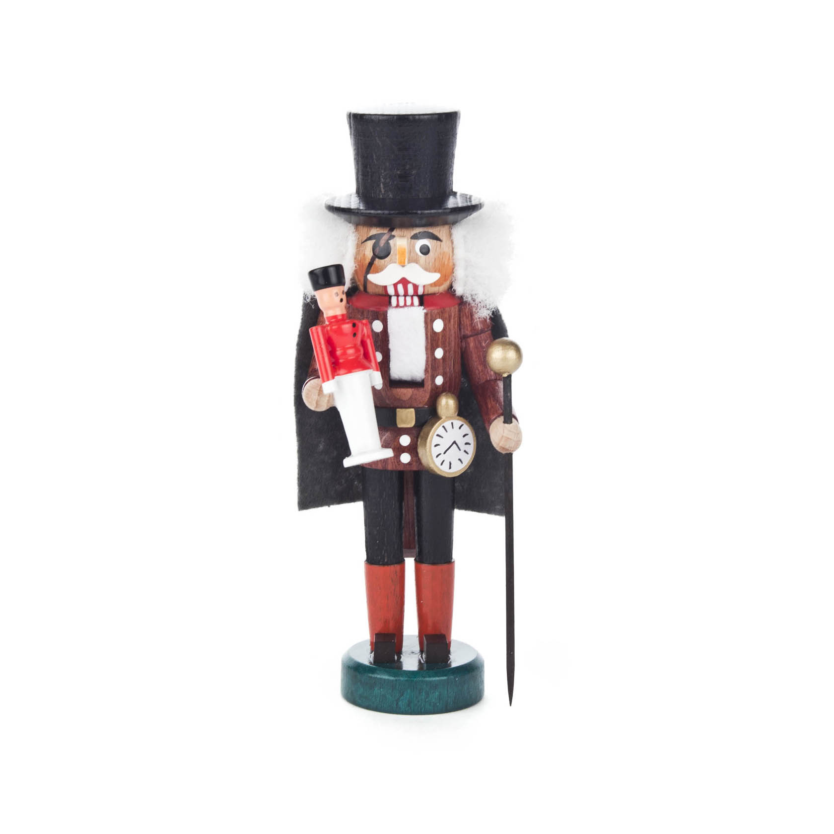 Nussknacker im Drosselmeyer-Stil, ca. 13 cm groß, trägt braun-schwarze Kleidung mit Zylinder, hält einen roten Nussknacker in der Hand. im Dregeno Online Shop günstig kaufen