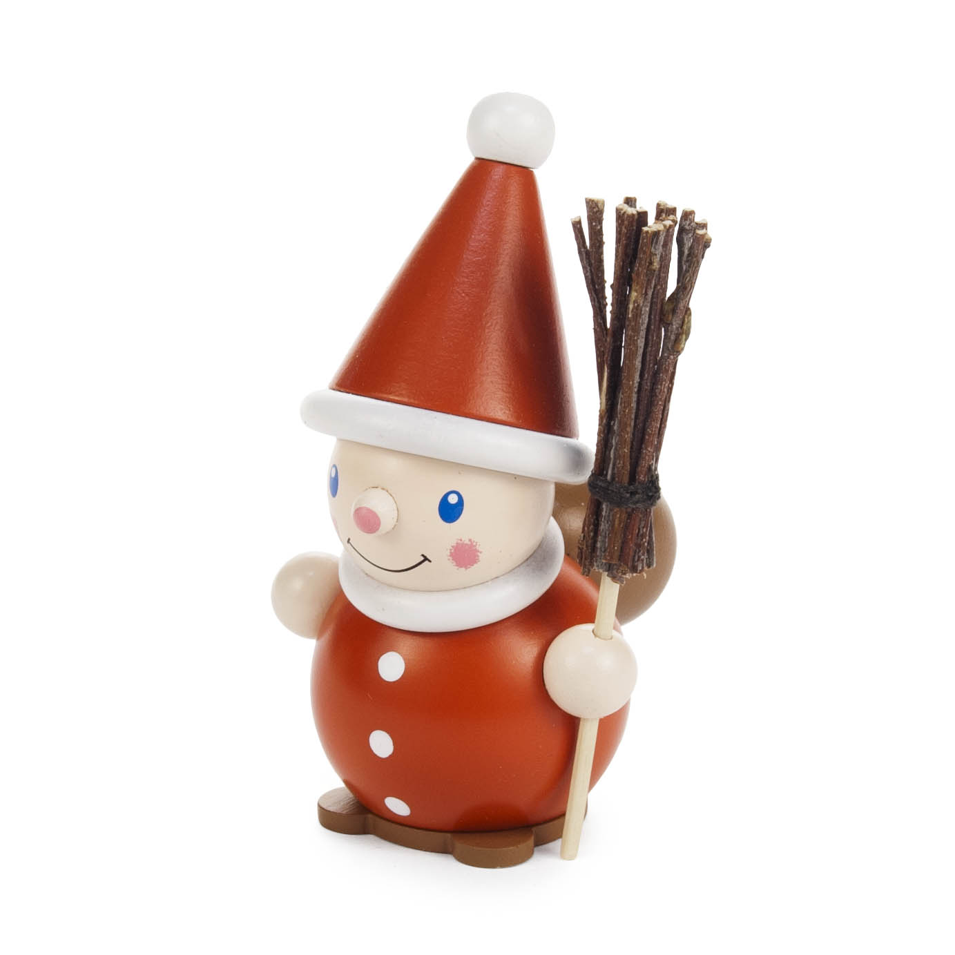 Ein farbenfroher Wichtel mit rotem Hut und Anzug, der einen Besen in der Hand hält und einen Sack auf dem Rücken trägt. im Dregeno Online Shop günstig kaufen