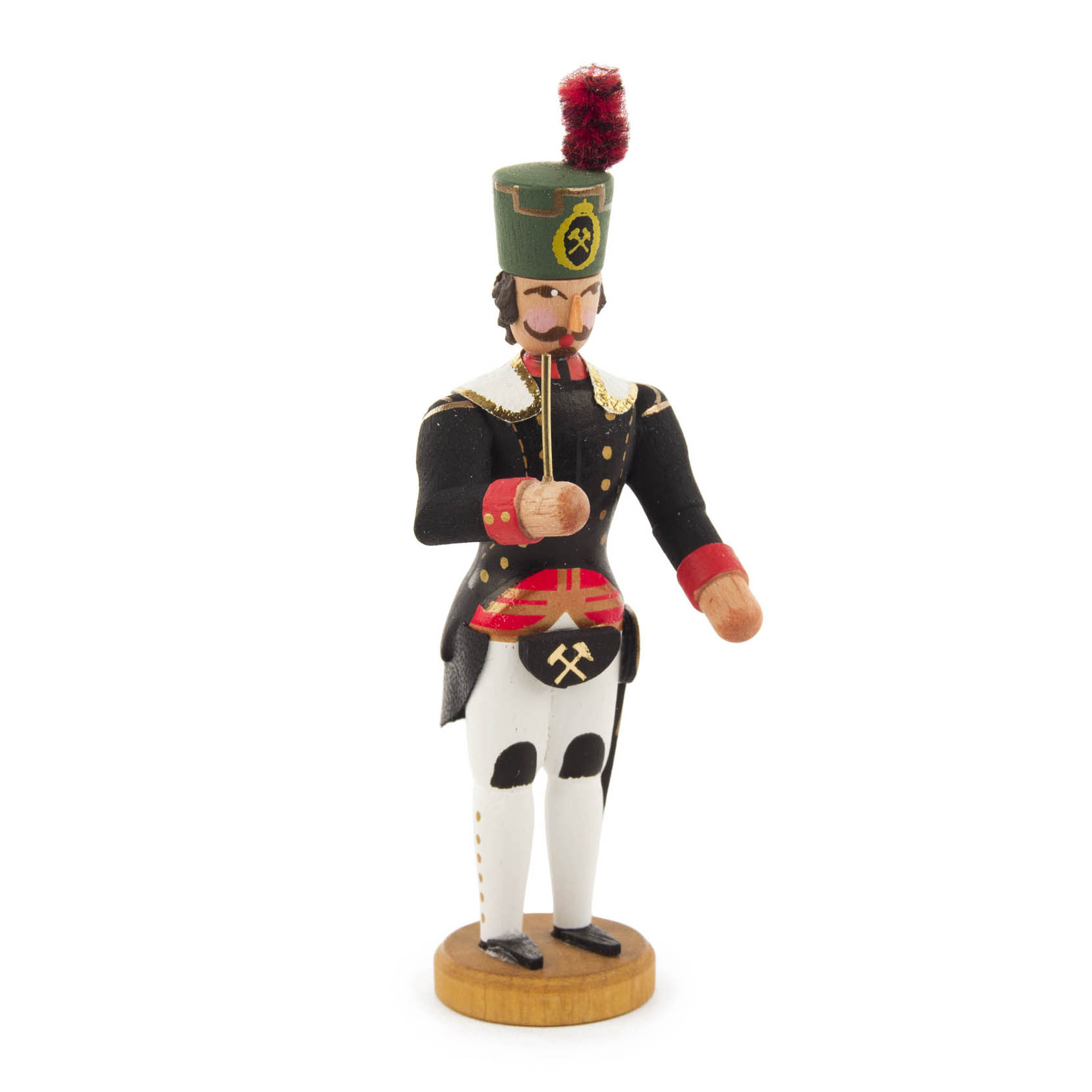 Wooden figurine of a miner dressed as a conductor with a black uniform, a green hat with a red plume, holding a baton. im Dregeno Online Shop günstig kaufen