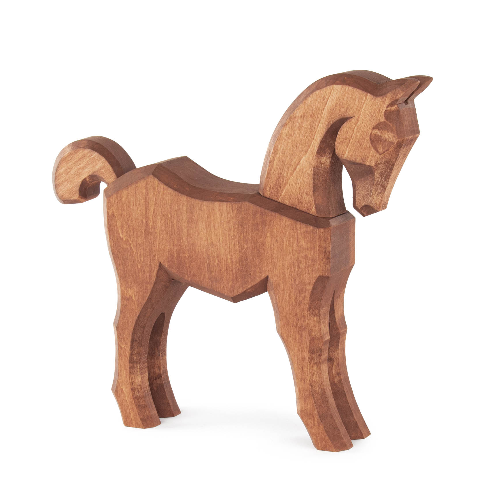 Holzpferd mit rotbrauner Farbe und ohne Mähne. Es steht auf vier Beinen und hat einen stilisierten, minimalistischen Look. im Dregeno Online Shop günstig kaufen