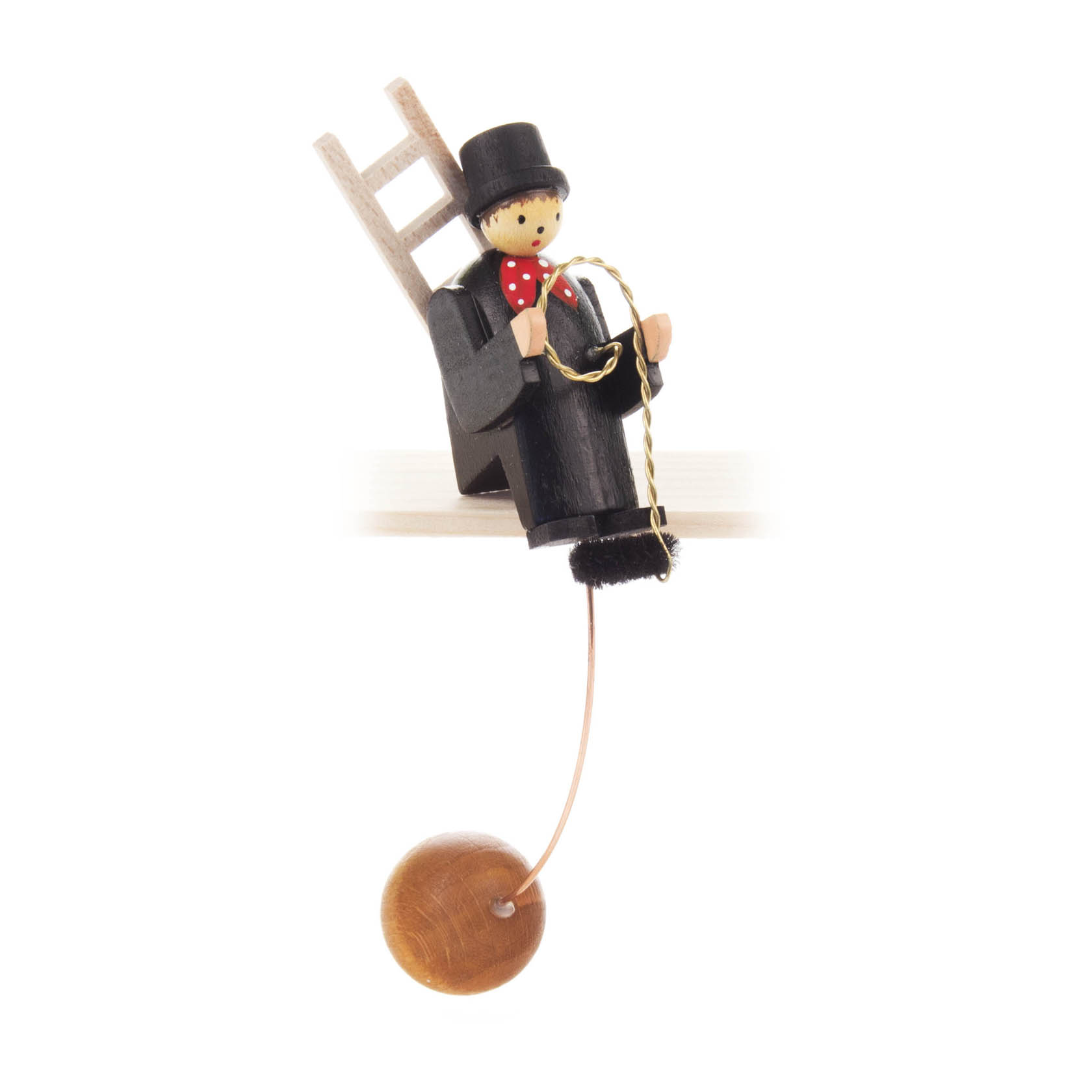 Holz-Schaukelpuppe eines Schornsteinfegers mit Zylinder und Leiter, in schwarz-weißer Kleidung mit einem roten Schal und einer Kehrbürste, pendelnd. im Dregeno Online Shop günstig kaufen
