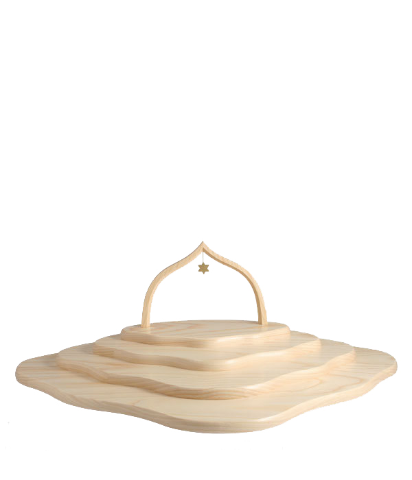 Holzskulptur in Form einer Wolke mit vier geschwungenen Etagen und einem bogenförmigen Element, an dem ein kleiner Stern hängt. im Dregeno Online Shop günstig kaufen
