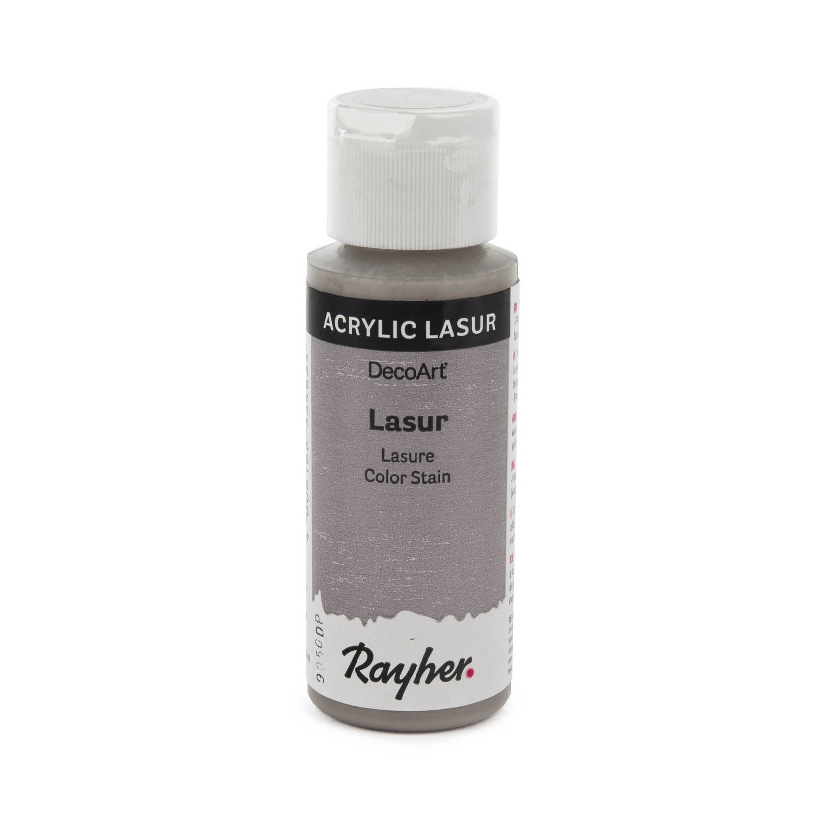 Eine kleine Flasche mit Acryl-Lasur in der Farbe Steingrau, 59ml, mit dem Aufdruck 'DecoArt', 'Lasur', 'Color Stain' und der Marke 'Rayher'. im Dregeno Online Shop günstig kaufen