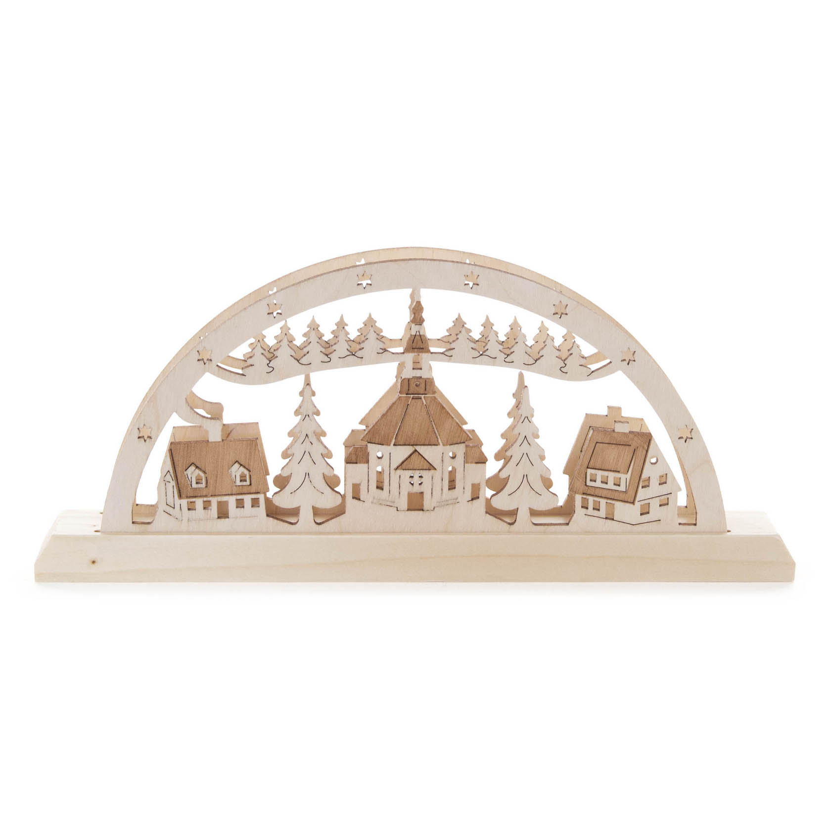 Holz-Serviettenständer mit Seiffener Kirche in der Mitte, flankiert von Tannenbäumen und zwei kleinen Häusern. im Dregeno Online Shop günstig kaufen