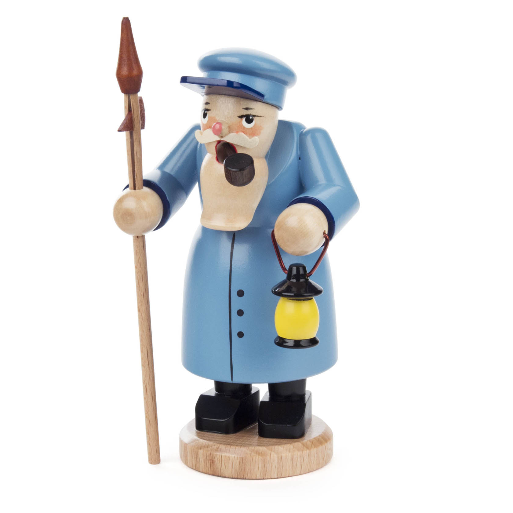 Ein blauer Mini-Räuchermann in Form eines Nachtwächters. Er hält eine Laterne in der linken Hand und eine Stange in der rechten Hand. im Dregeno Online Shop günstig kaufen