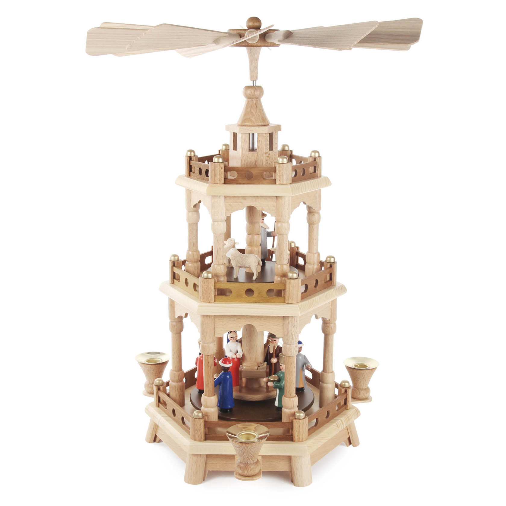 Zweistufige Holzpyramide mit farbigen Figuren der Geburt Christi. Oben ein Esel, unten Maria, Josef und die heiligen drei Könige. Flügelrad oben. im Dregeno Online Shop günstig kaufen