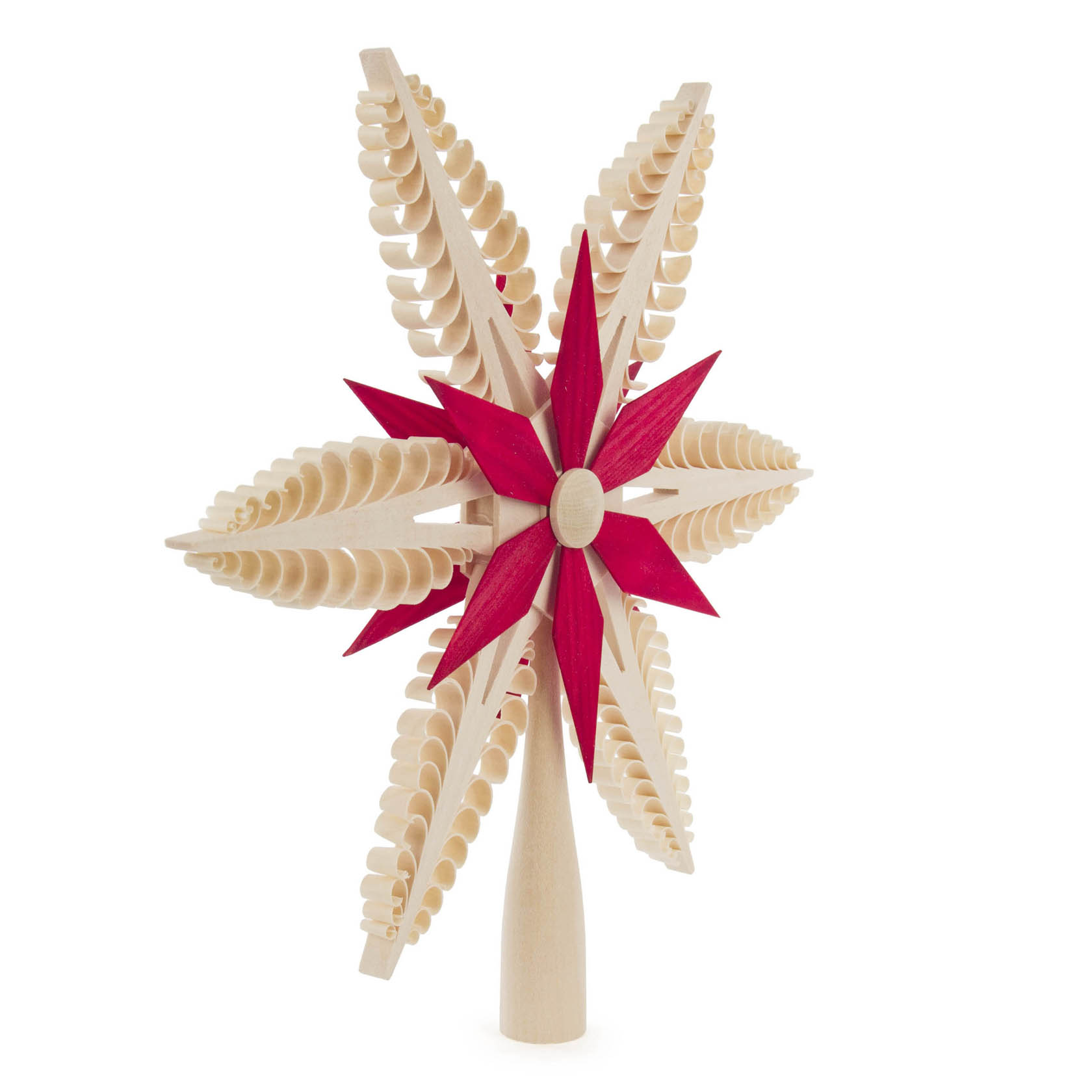 Christbaumspitze in Form eines Spansterns in rot und naturfarben mit einem Durchmesser von 24 cm.